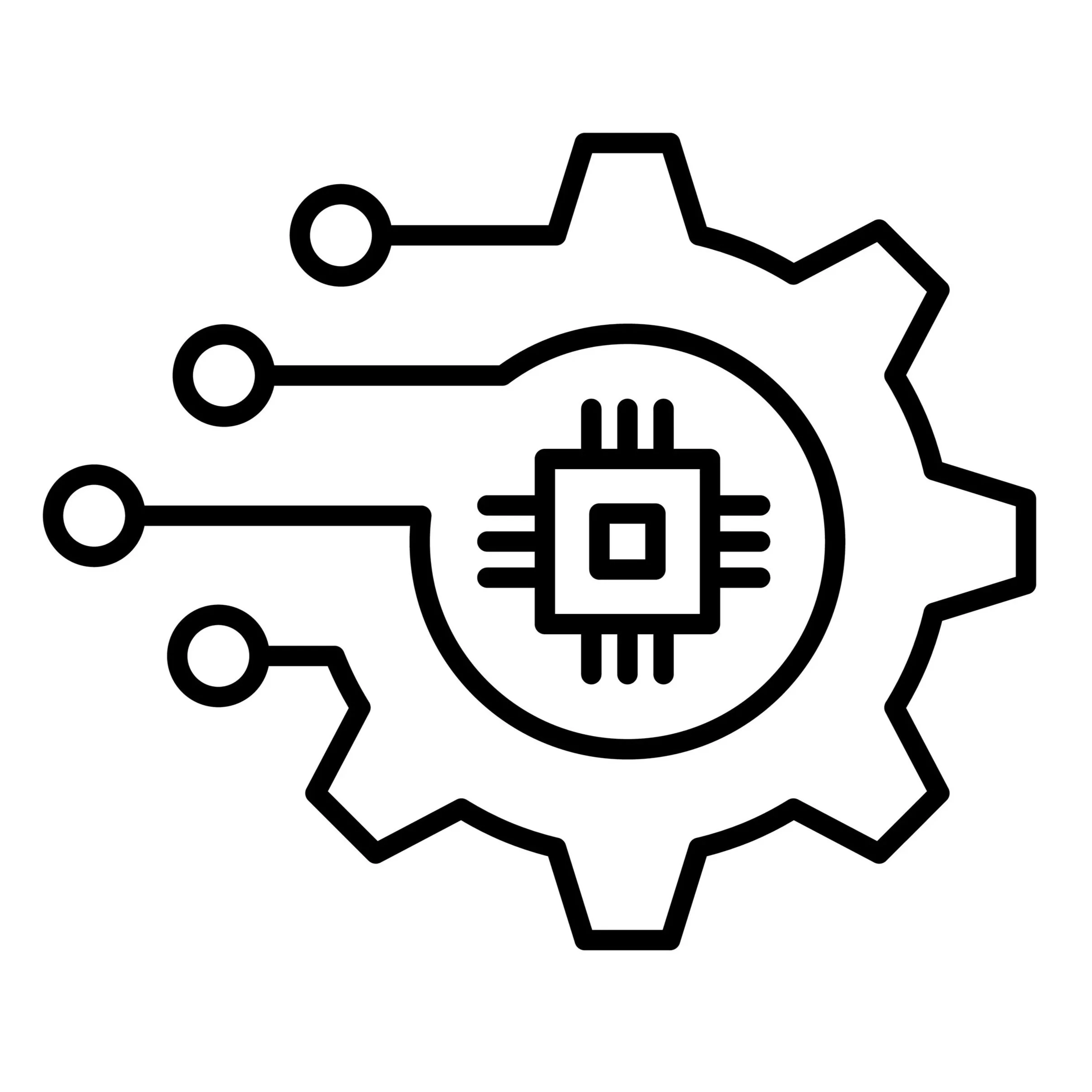 Line drawing of a gear with a computer chip inside and circuit lines extending outward
