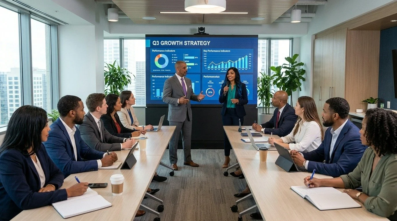 Business meeting room with diverse group of professionals seated around a U-shaped table, listening to a presentation on a large screen displaying "Q3 Growth Strategy" and various charts and graphs.