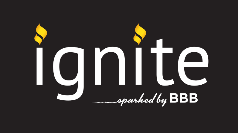 Logo with the word 'ignite' in large white lowercase letters on a black background, with two yellow flames above the letter 'i' and the phrase 'sparked by BBB' below in white script.