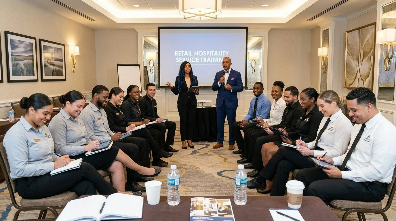 A group of diverse professionals attending a retail hospitality service training session in a conference room, seated in chairs facing each other, with some taking notes and a presentation displayed on a screen at the front.