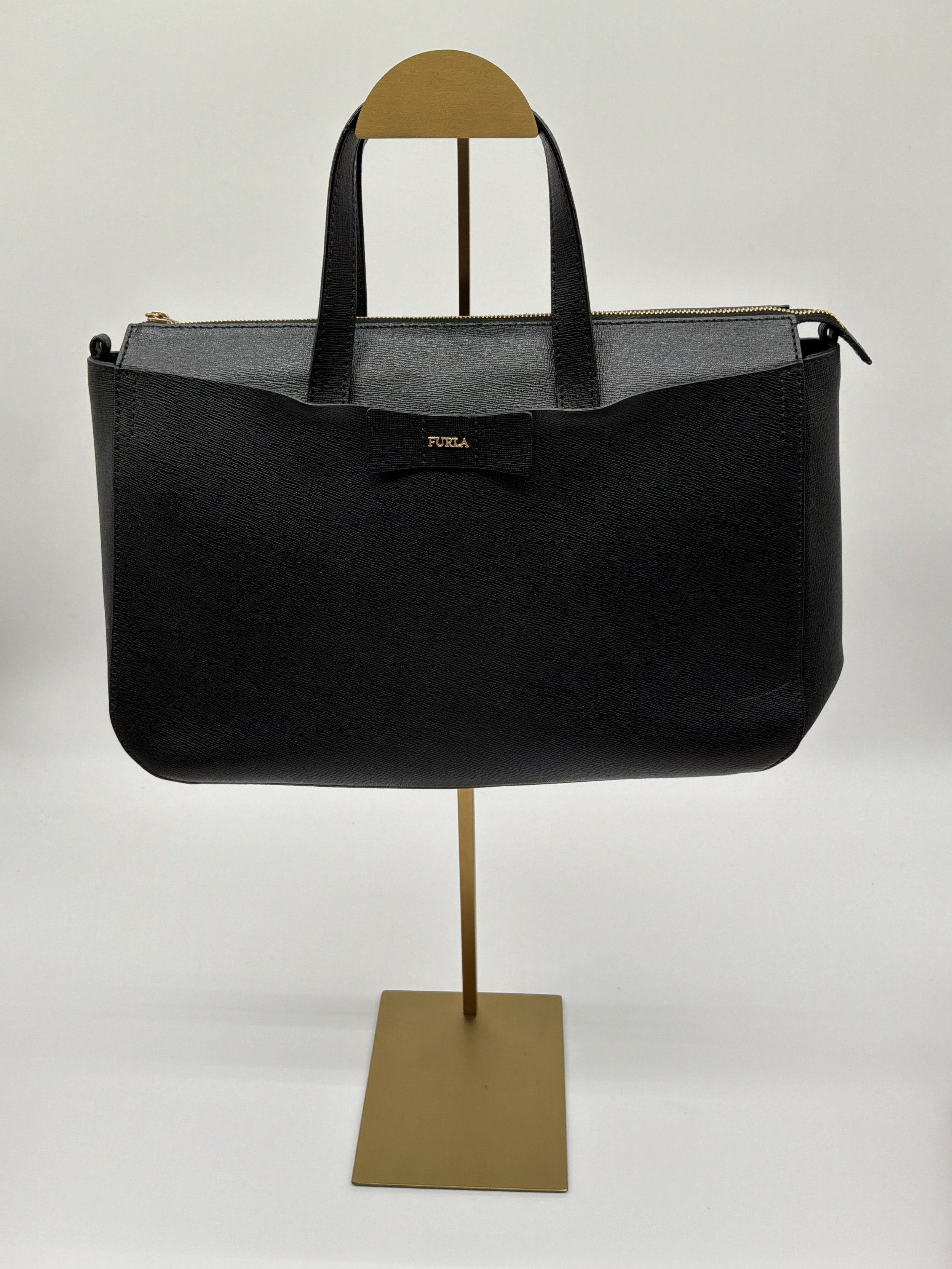 Furla Black Leather Tote Bag Bow Detail Top Handle