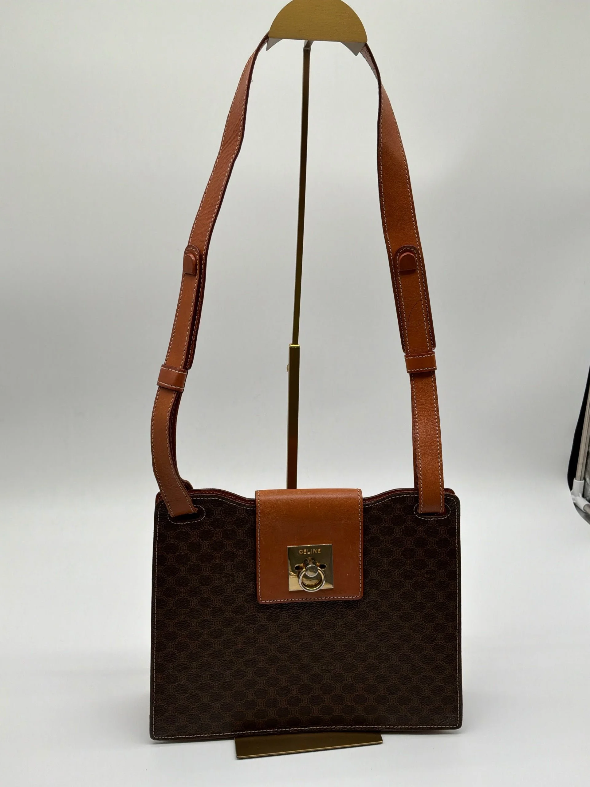 Celine Macadam Canvas Crossbody Bag - Brown with Leather Trim & Gold Clasp