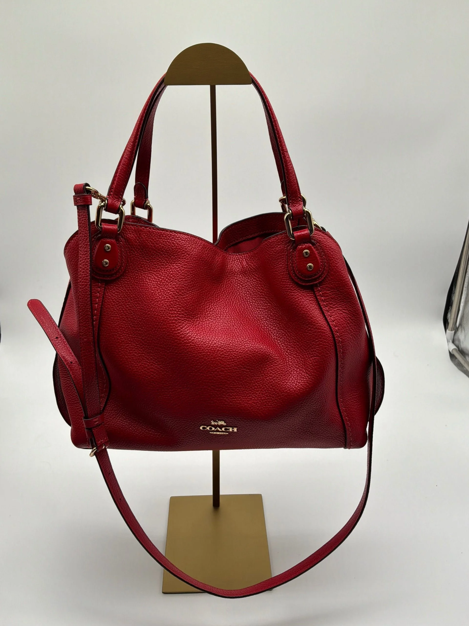 Coach Red Pebbled Leather Shoulder Bag - Crossbody Strap - Gold Hardware