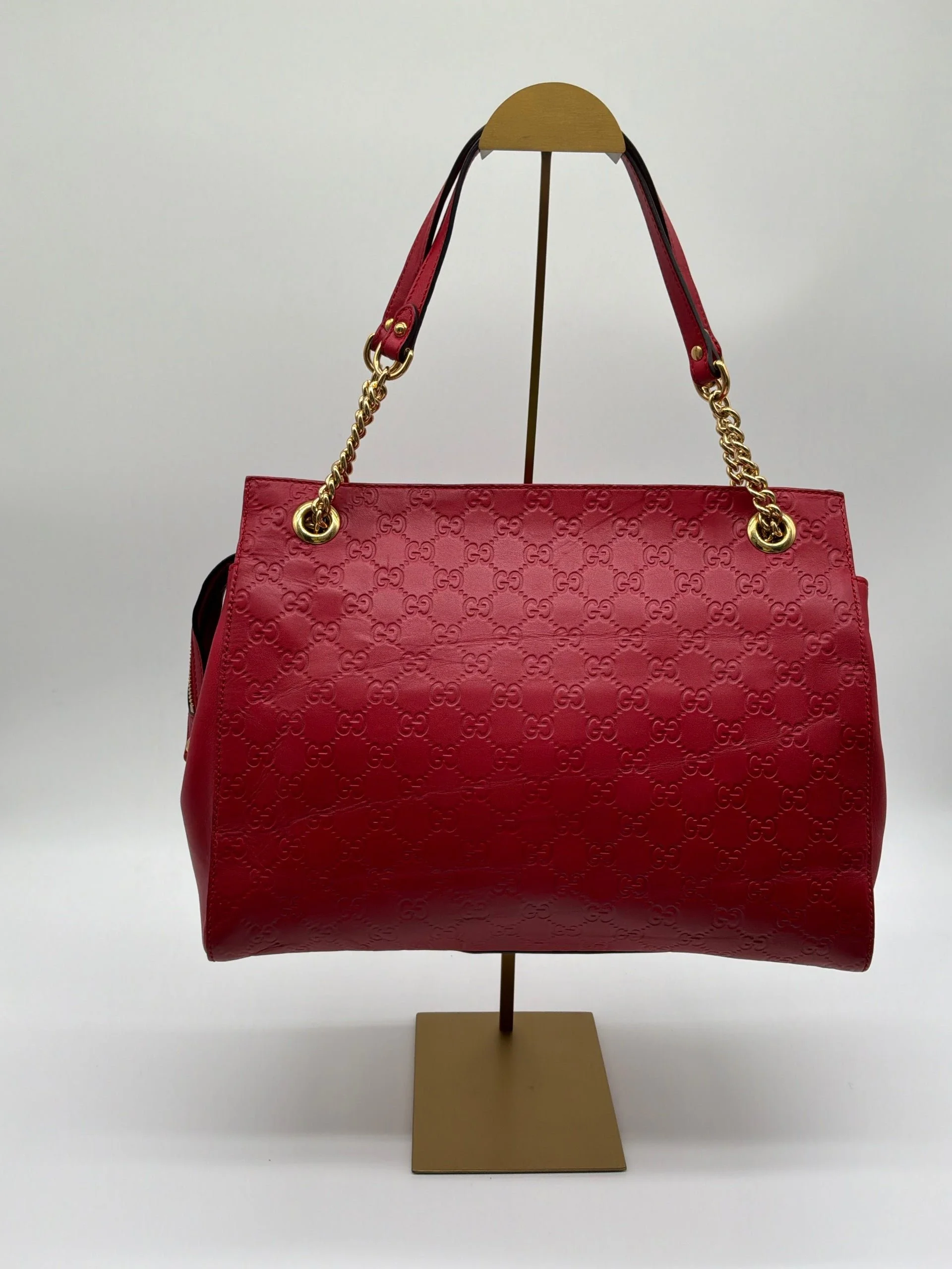 Gucci Guccissima Leather Tote - Red Embossed GG Chain Shoulder Bag