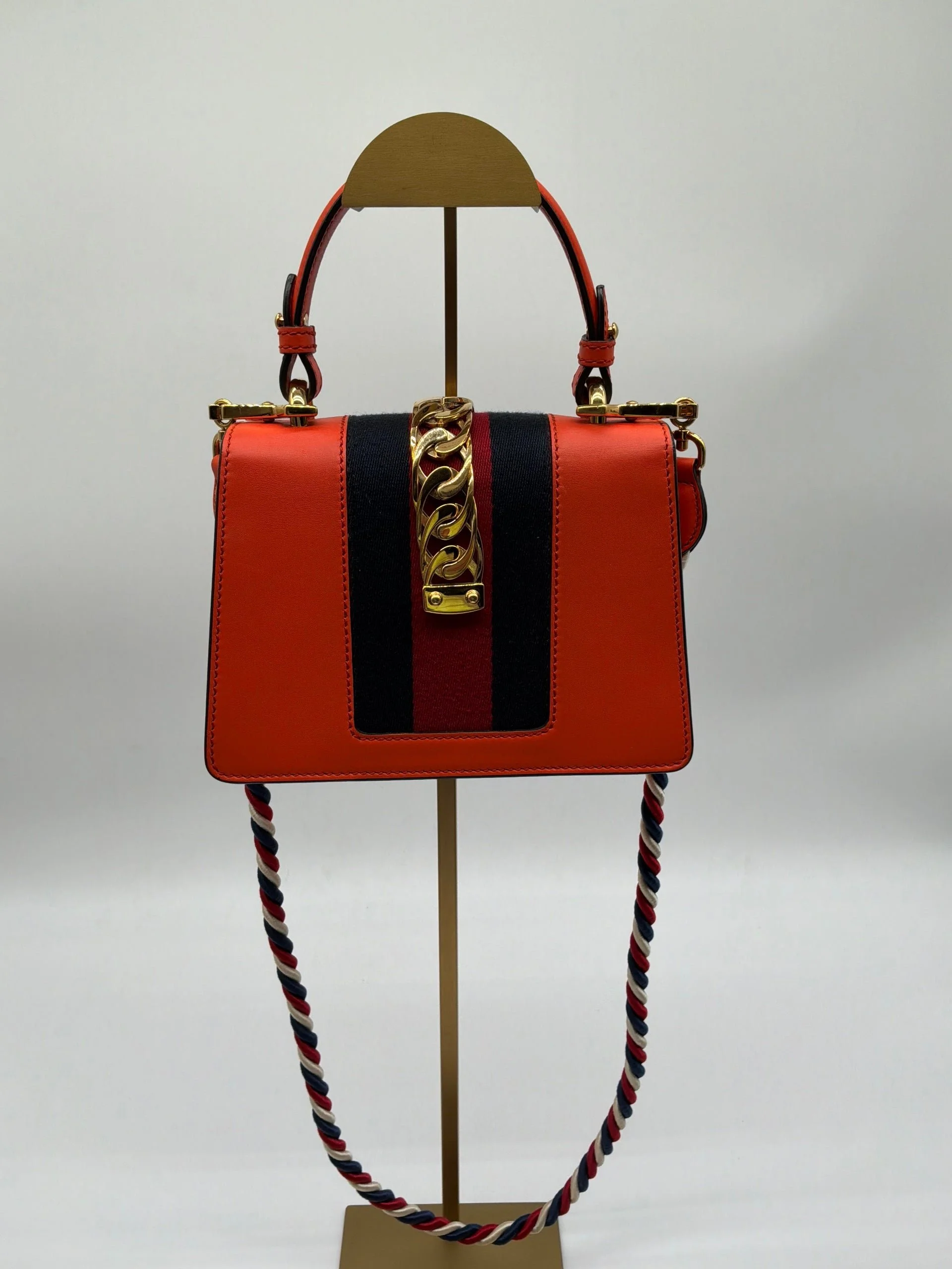 Gucci Sylvie Mini Top Handle Bag - Orange Leather, Web Stripe