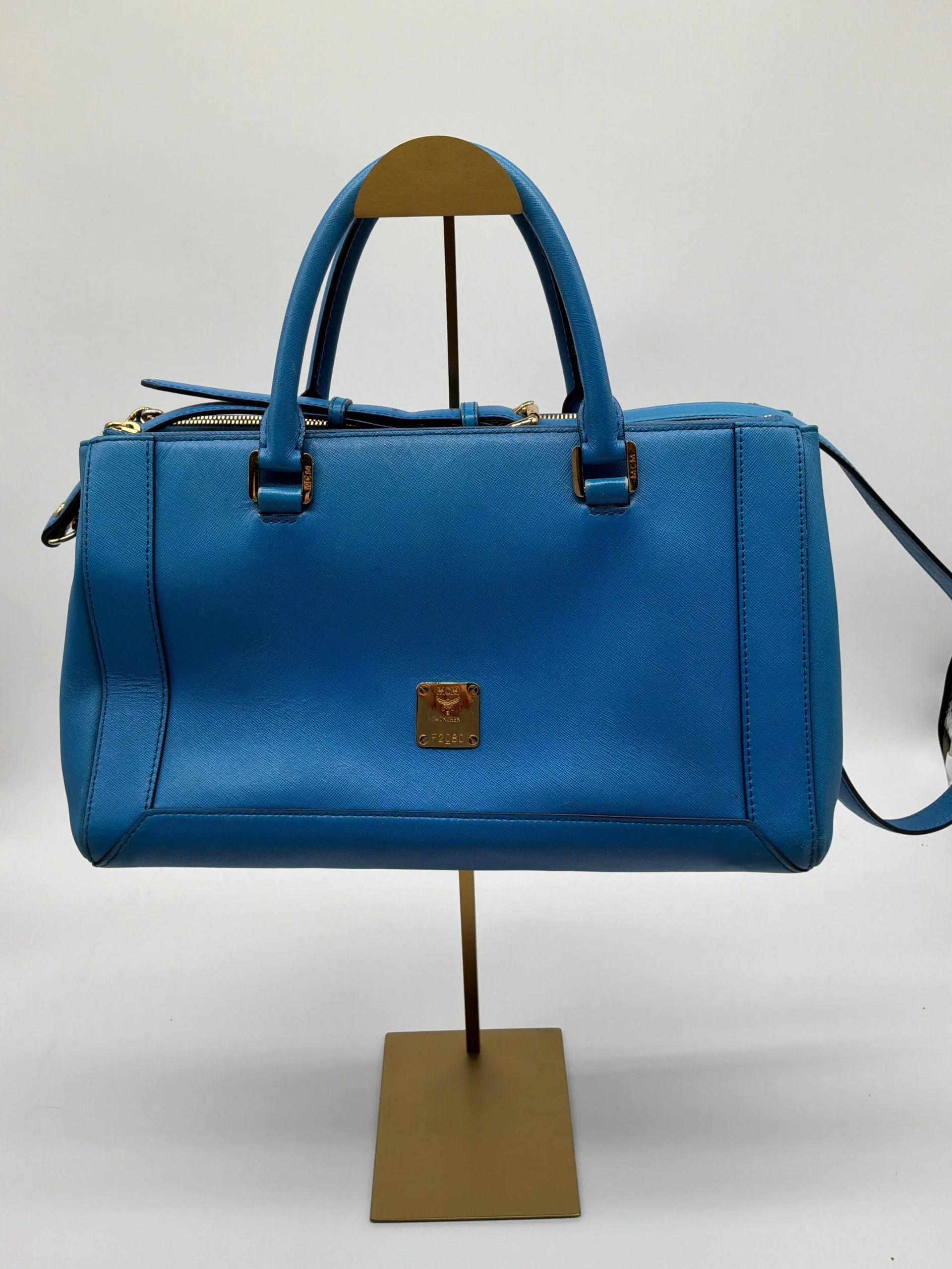 MCM Blue Leather Boston Satchel Top Handle Shoulder Bag