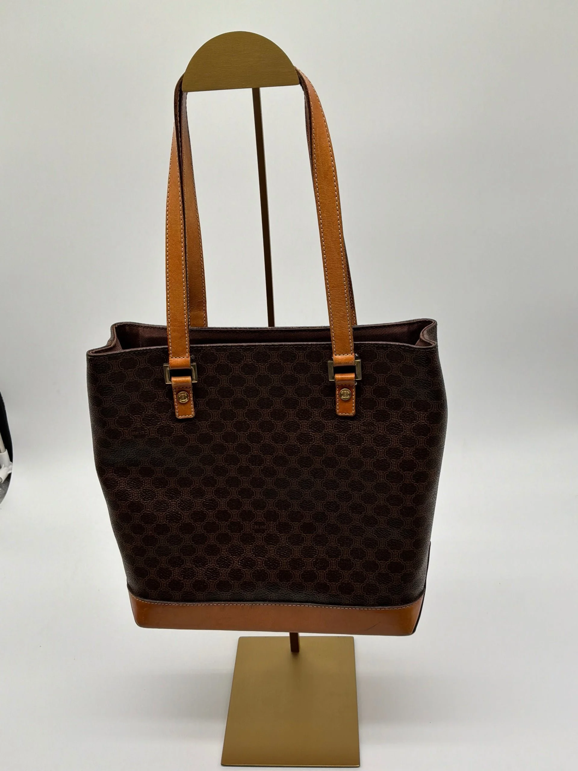 Vintage Celine Macadam Canvas Tote Bag with Tan Leather Trim