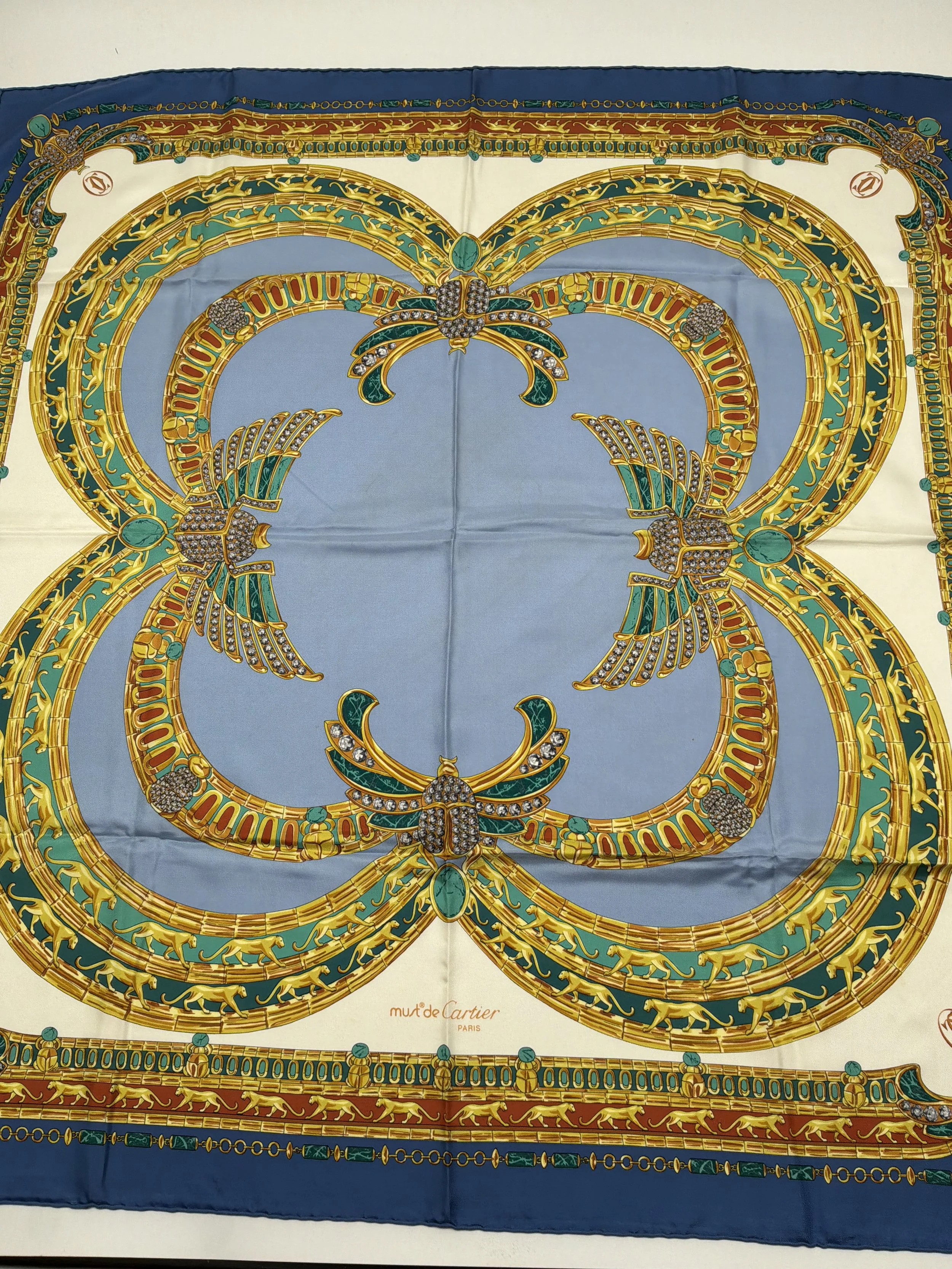 Vintage Must de Cartier Paris Silk Scarf Blue Gold Panther Motif