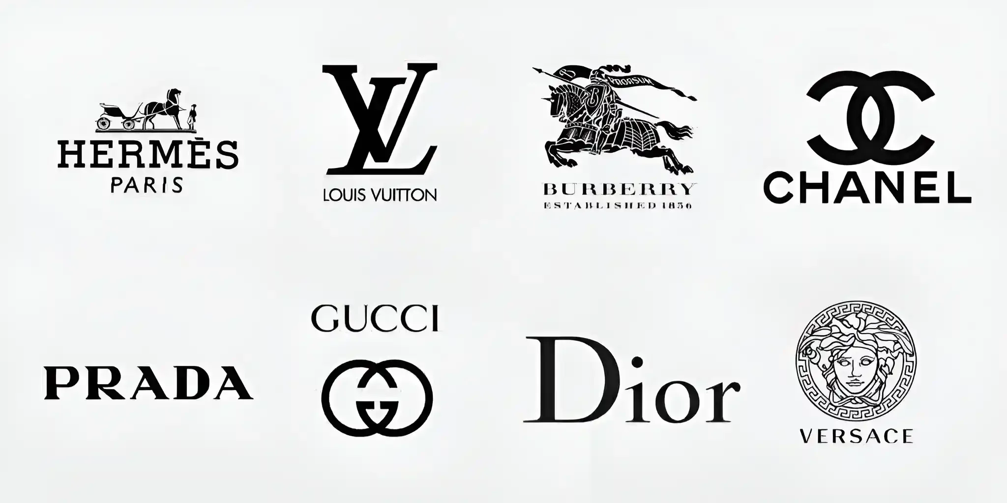 Collection of luxury fashion brand logos, including Hermès, Louis Vuitton, Burberry, Chanel, Gucci, Prada, Dior, Versace