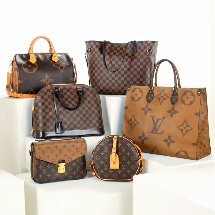 Collection of six Louis Vuitton designer handbags and purses in various sizes and styles, featuring iconic monogram and checkered patterns in brown, black, and tan.