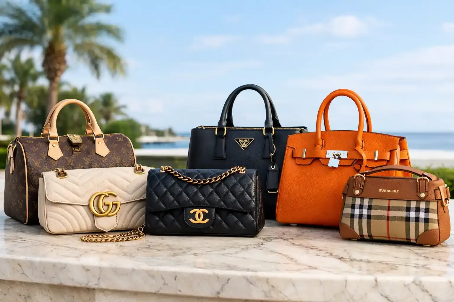 Six fashionable handbags are displayed on a marble surface outdoors with a beach and palm trees in the background.
