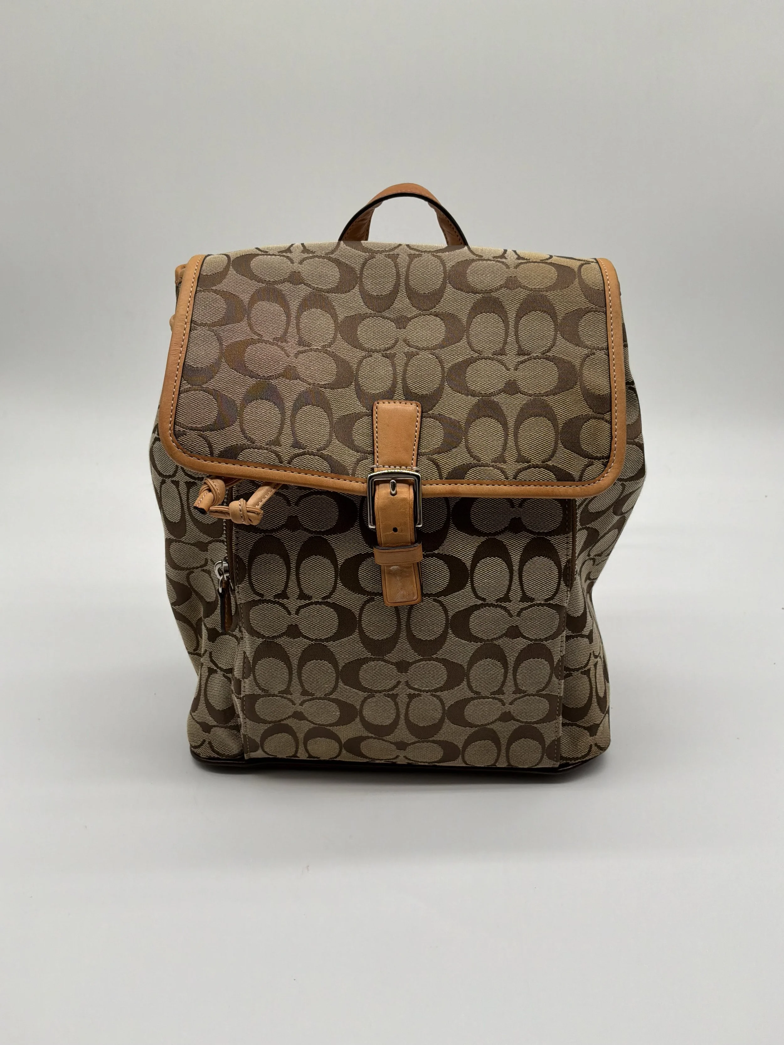 Coach Signature Canvas Backpack – Khaki & Saddle Brown Leather Trim