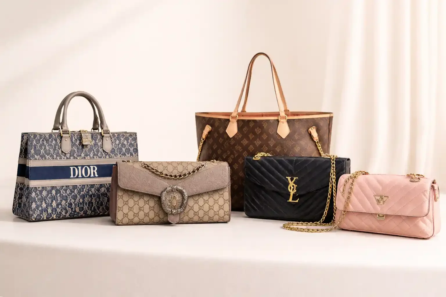 Five designer handbags arranged on a white surface against a neutral background, including Dior, Gucci, Louis Vuitton, Saint Laurent, and Goyard.