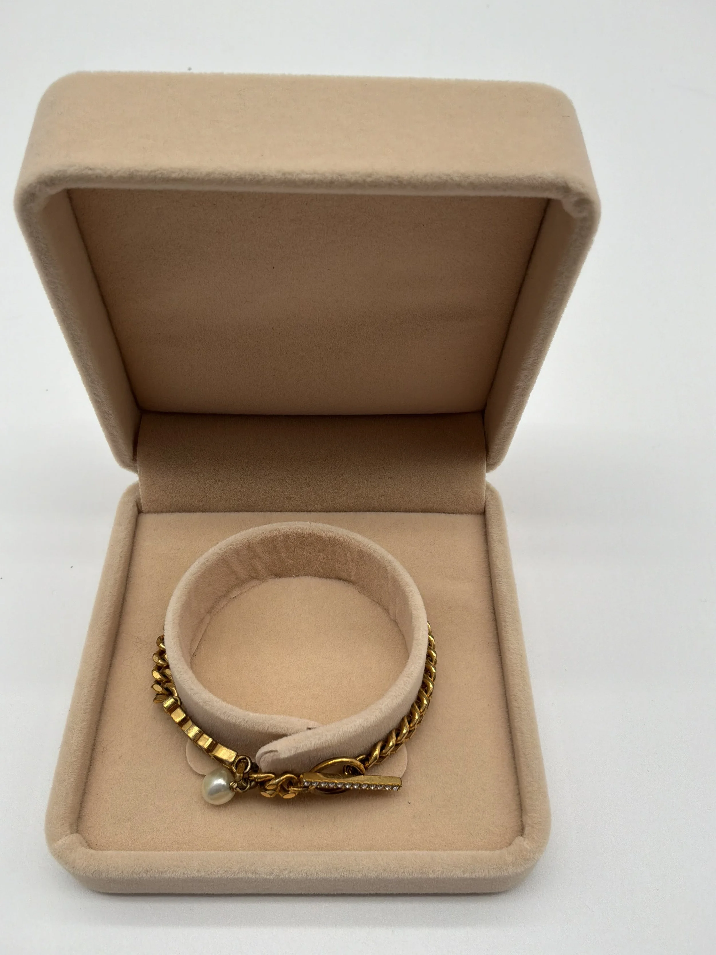 Christian Dior Gold Tone Chain Bracelet DIOR Logo Pearl Charm Pavé Toggle Clasp