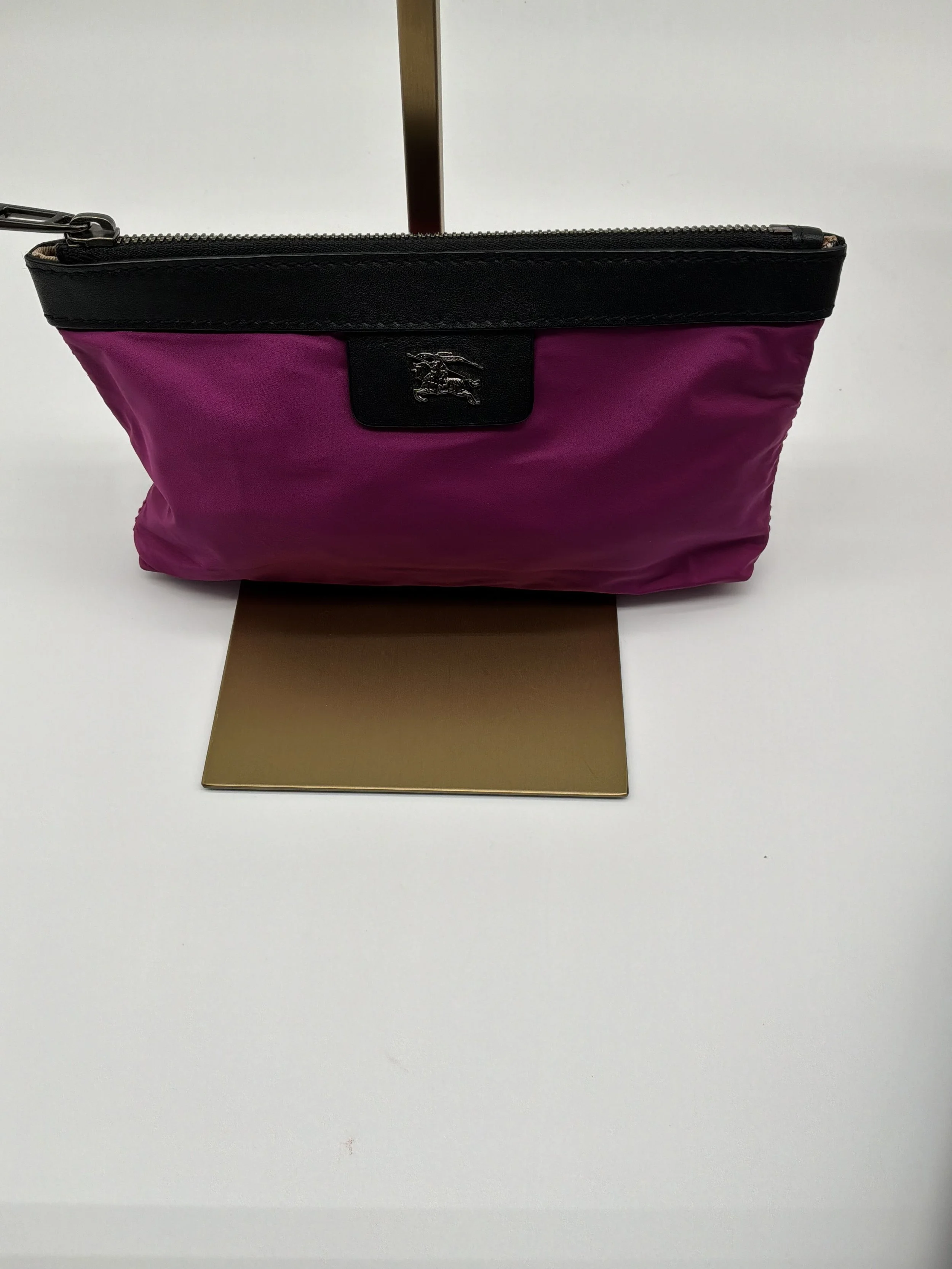 Burberry Magenta Nylon & Black Leather Zip Pouch