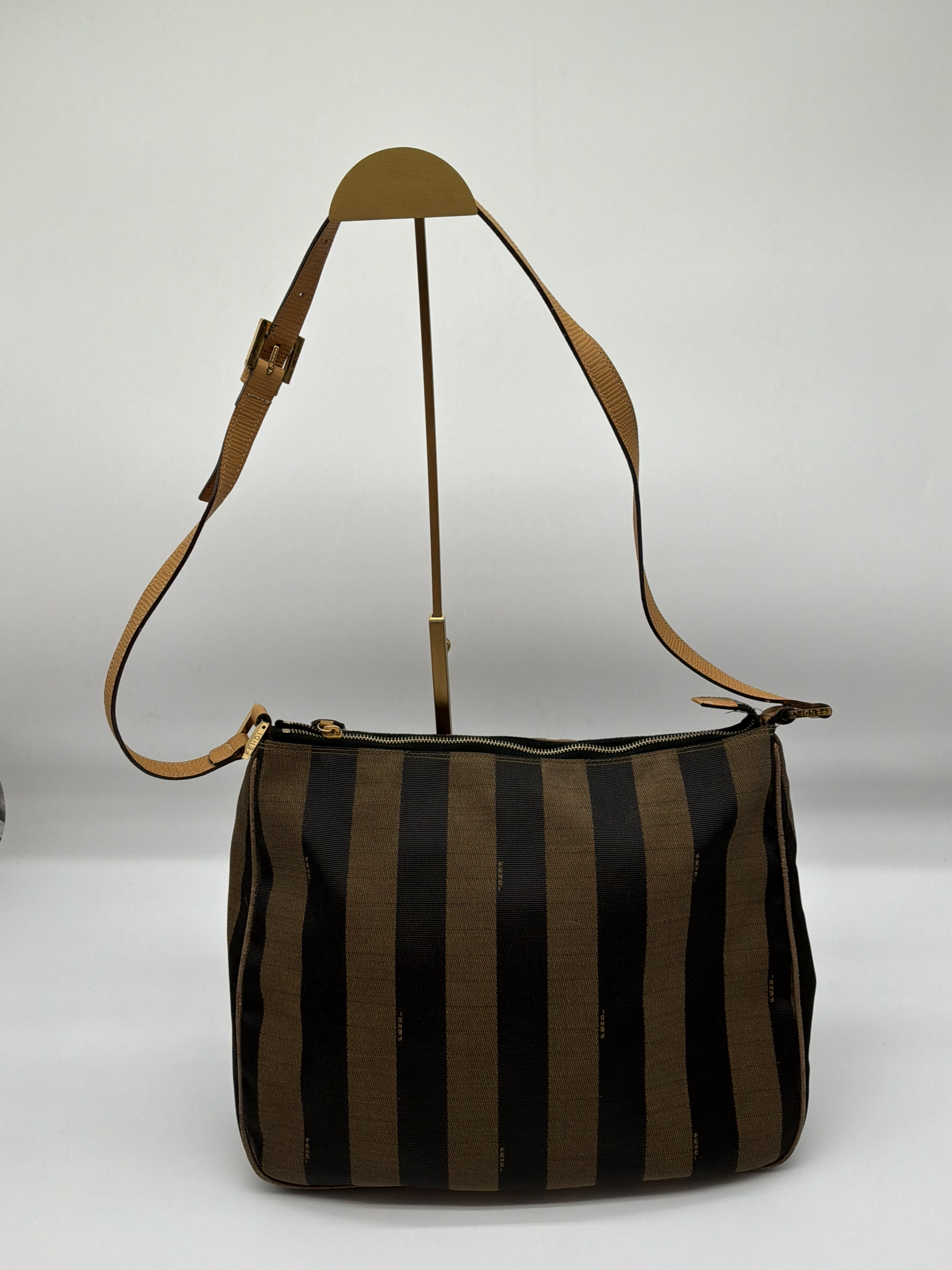 Fendi Pequin Stripe Canvas Shoulder Bag – Brown & Black