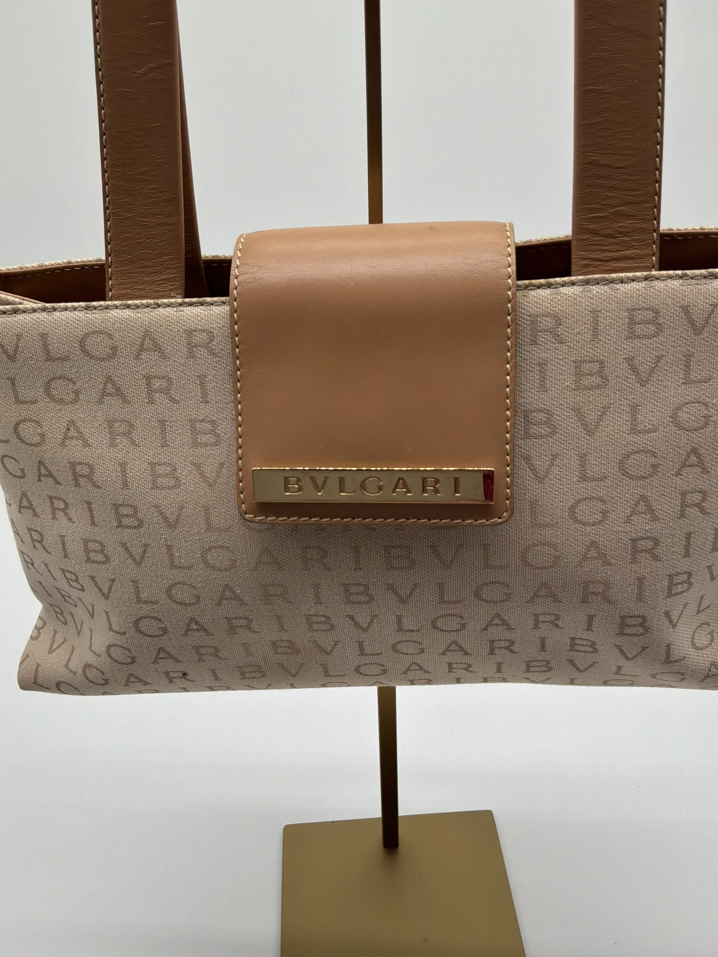 Bvlgari Logo Canvas & Leather Shoulder Tote Bag Beige Brown BVLGARI