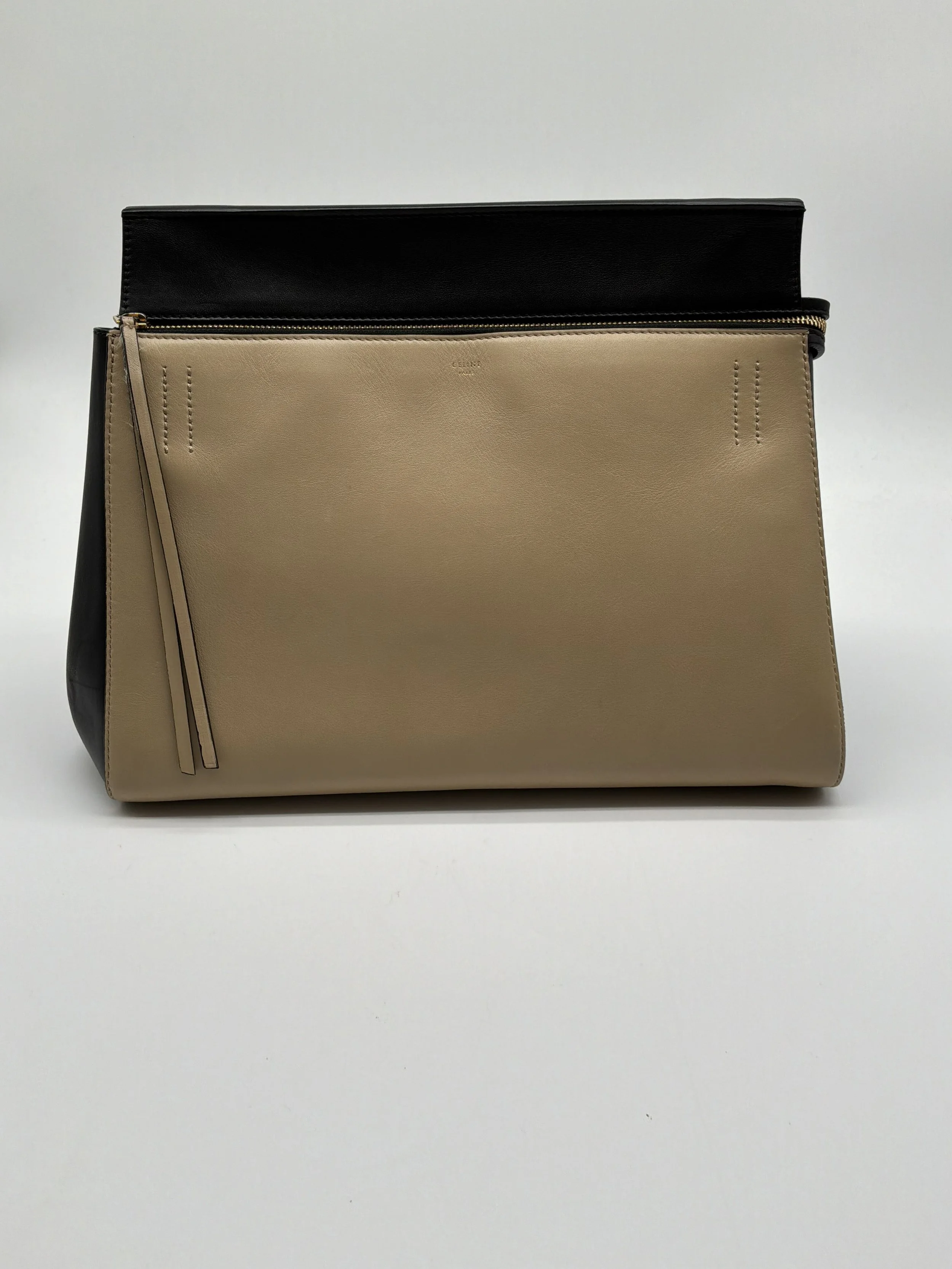 Céline Two-Tone Beige & Black Leather Zip Tote Bag