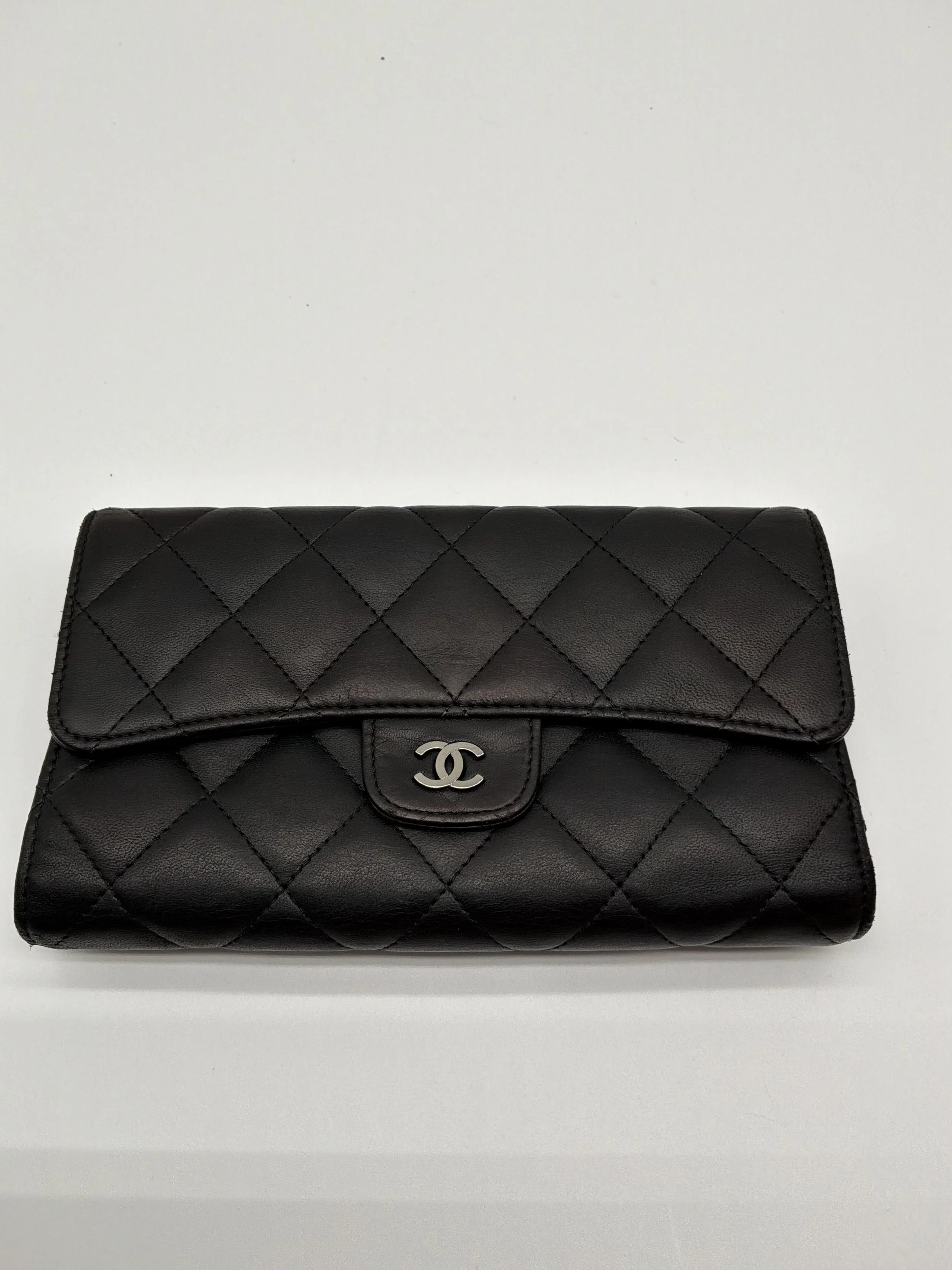 Chanel Black Quilted Lambskin Flap Wallet CC Logo Long Wallet