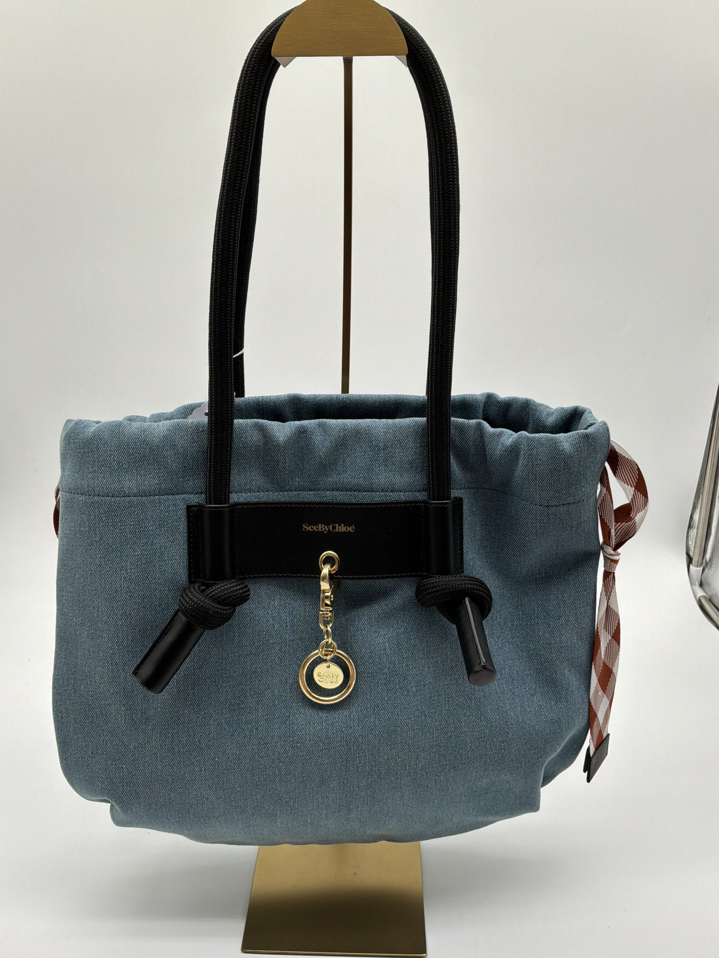 See By Chloé Denim Canvas Tote Bag Black Rope Handles Charm