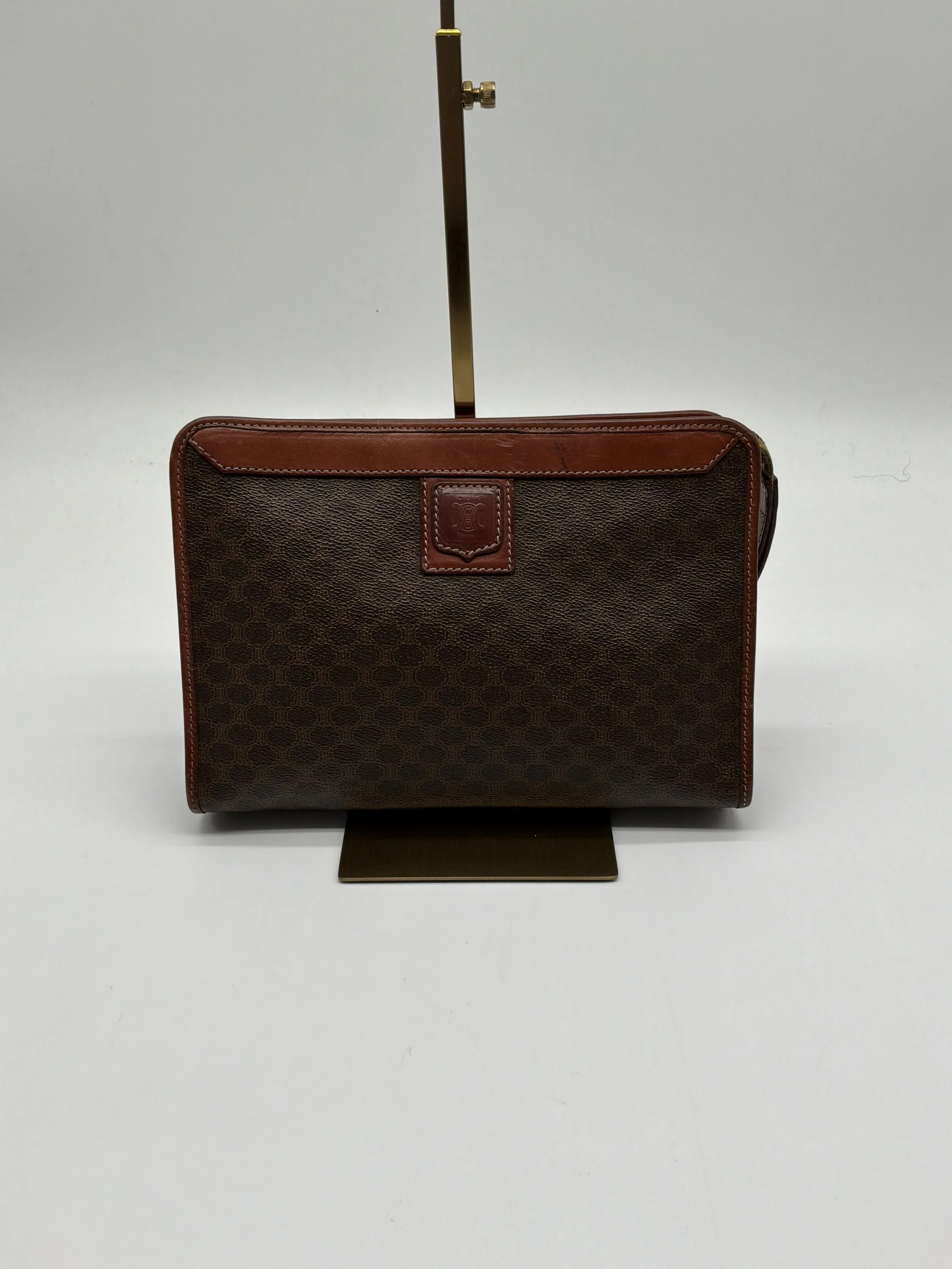 Celine Vintage Macadam Monogram Brown Leather Trim Pouch Clutch