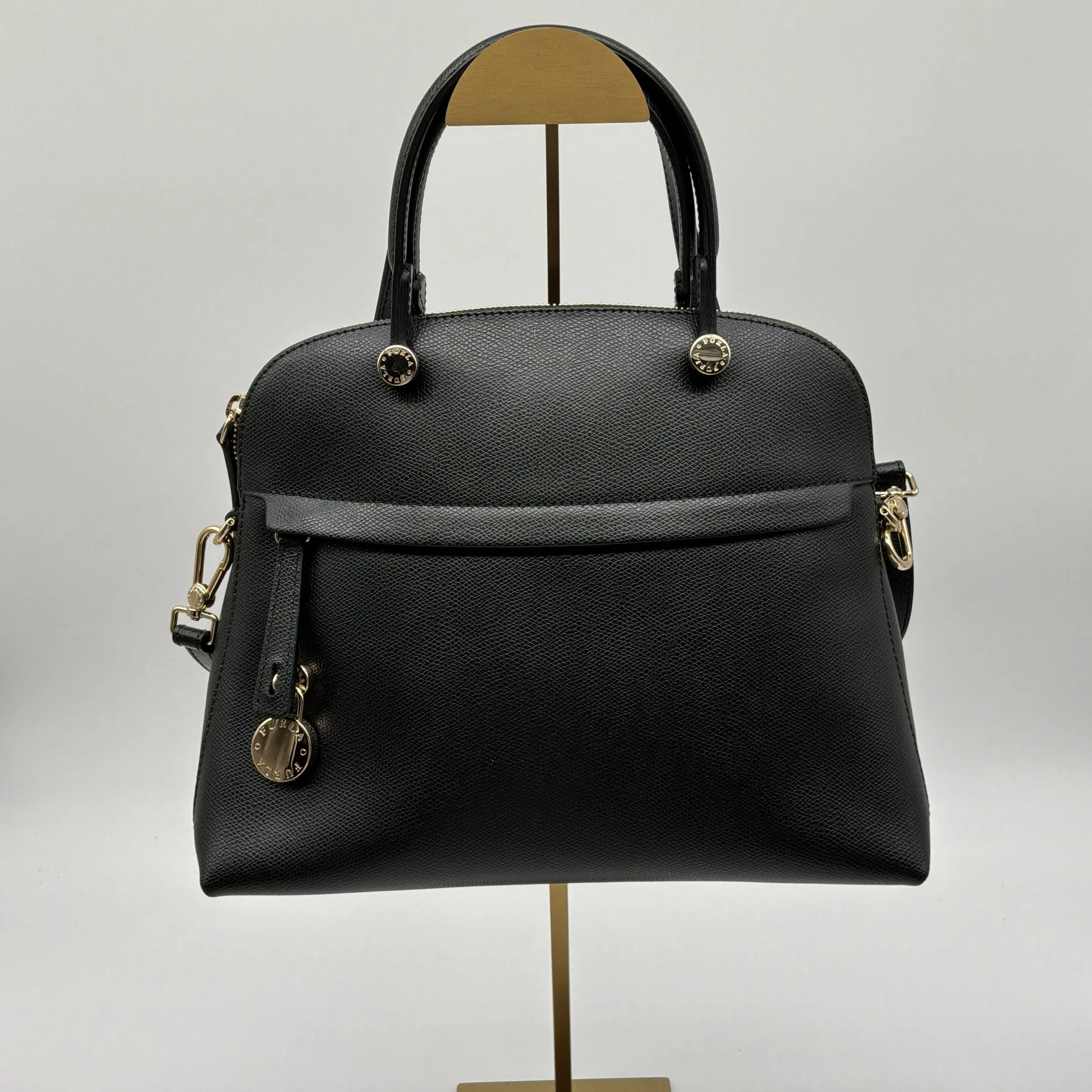 Furla Piper Medium Black Leather Satchel Crossbody Bag