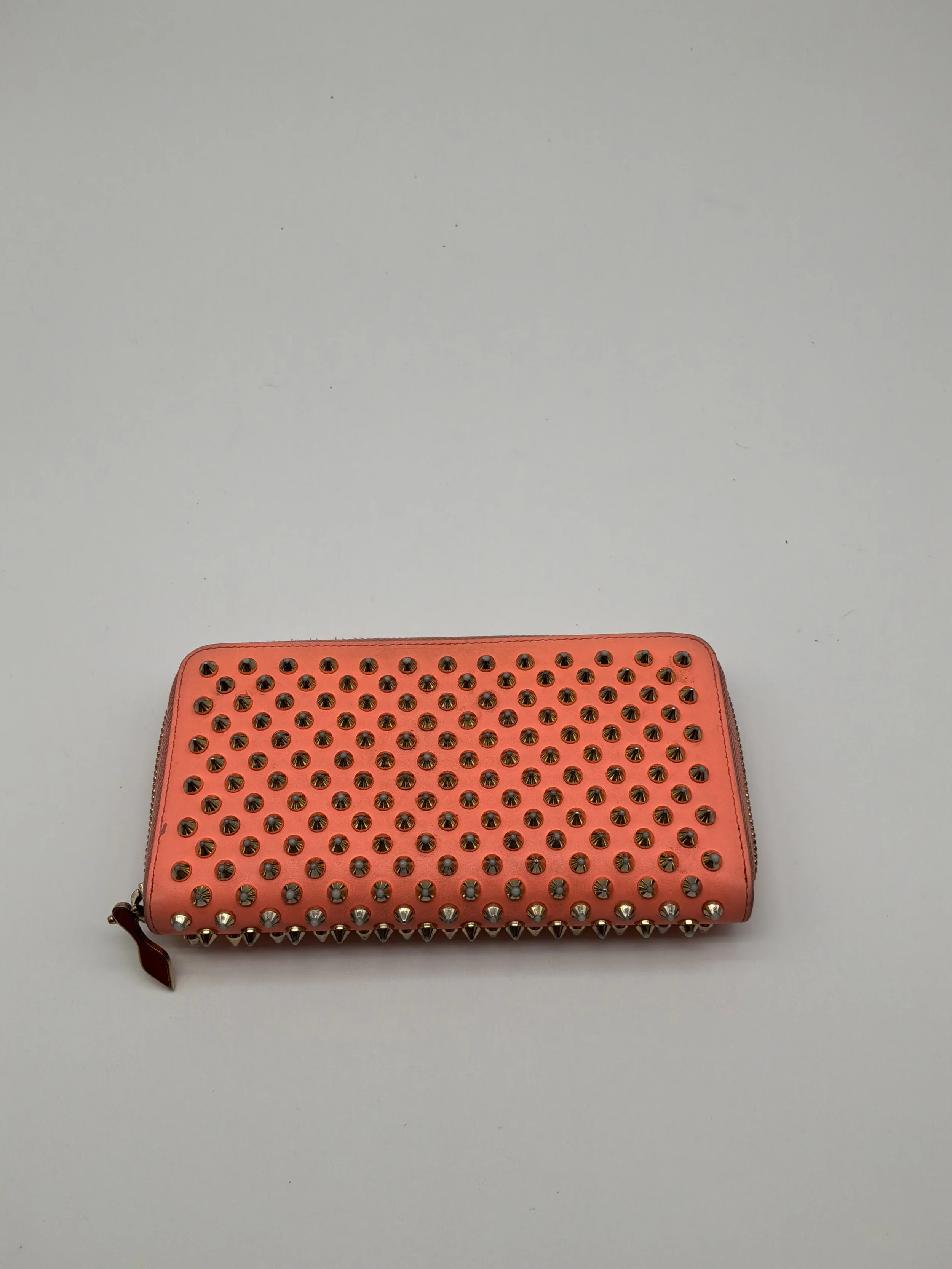 Christian Louboutin Studded Coral Leather Zip Around Wallet