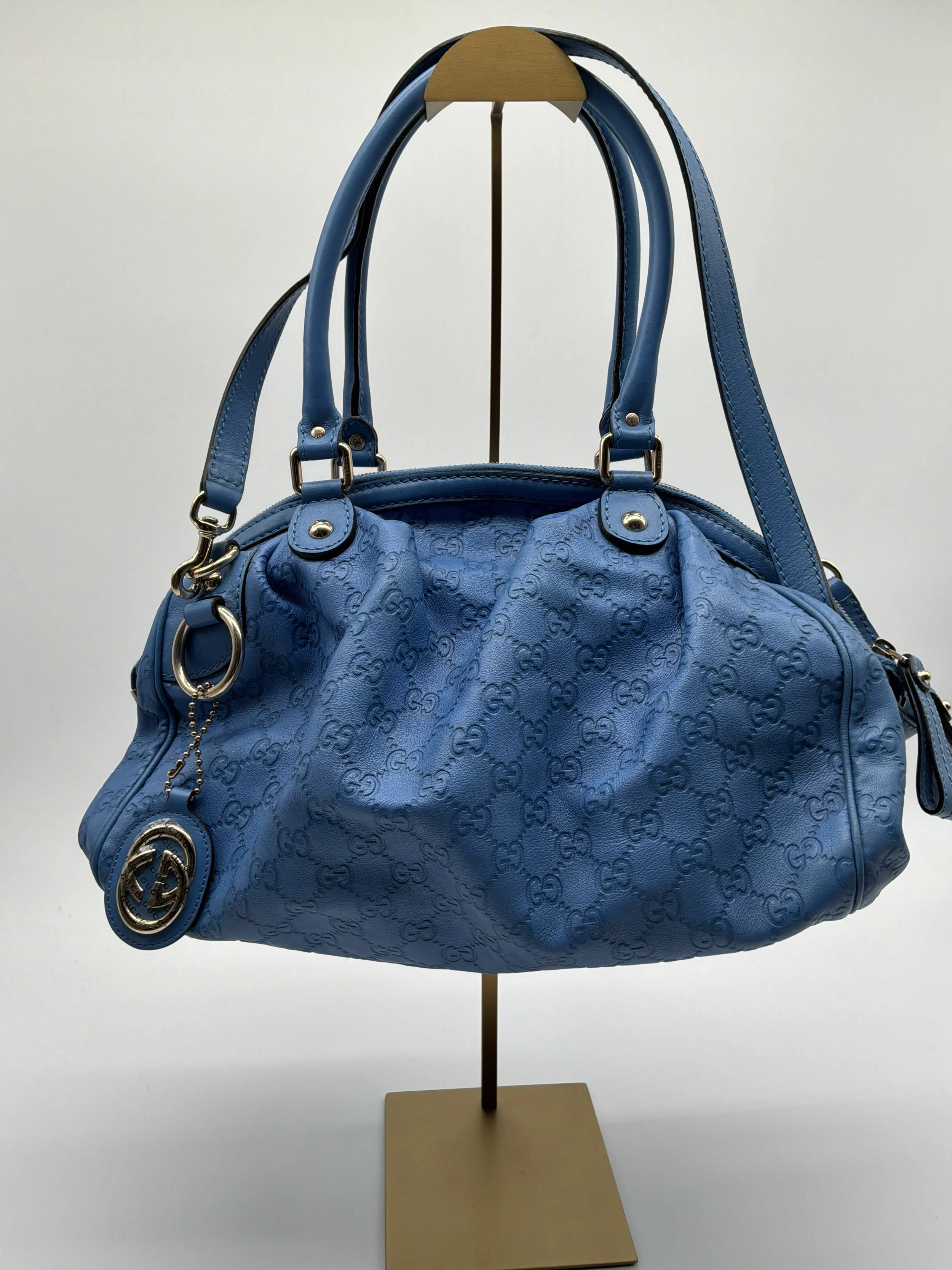 Gucci Guccissima Blue Leather Satchel Shoulder Bag w/ Strap Charm Made in Italy