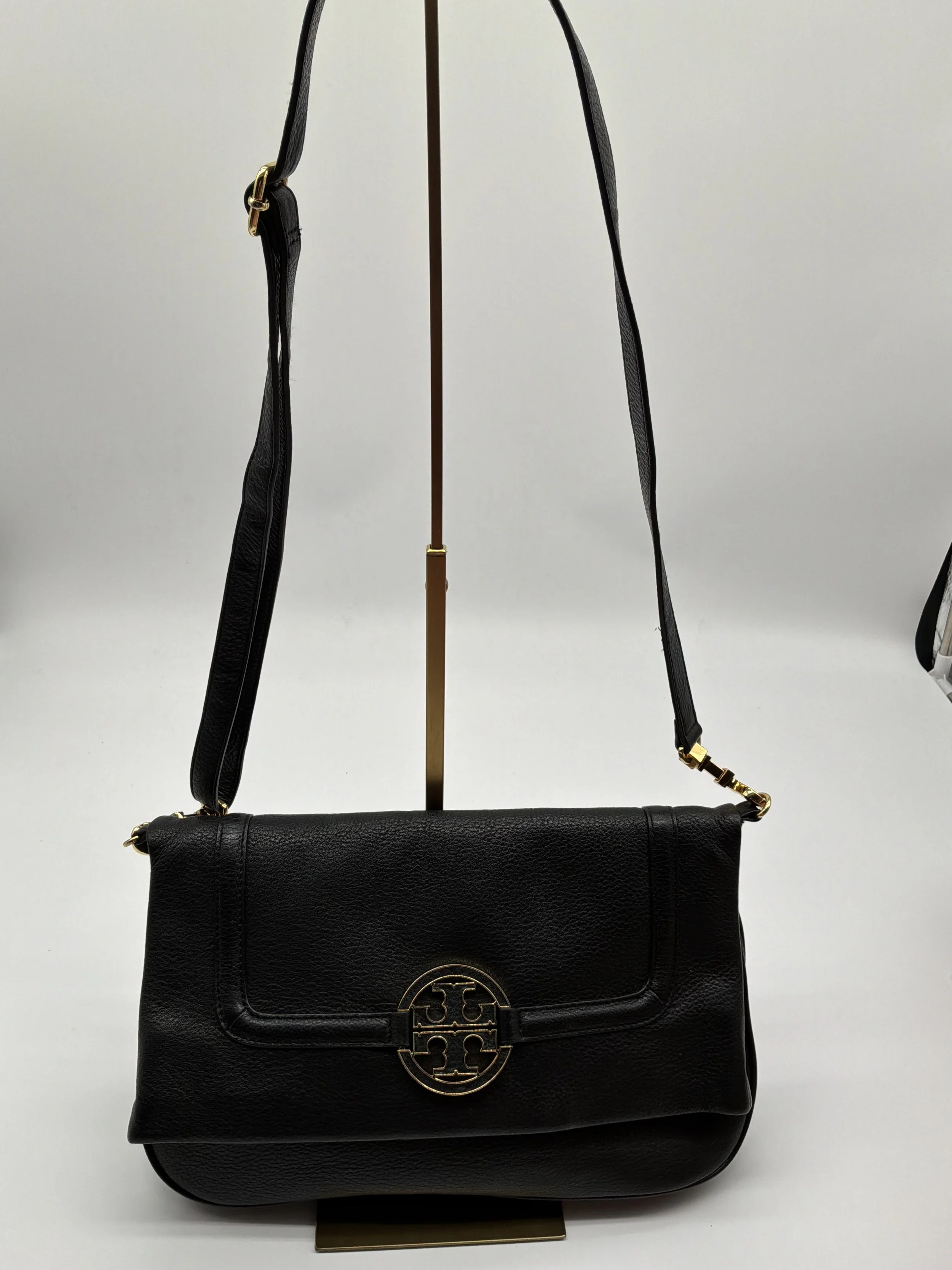Tory Burch Black Pebbled Leather Crossbody Bag with Gold Logo