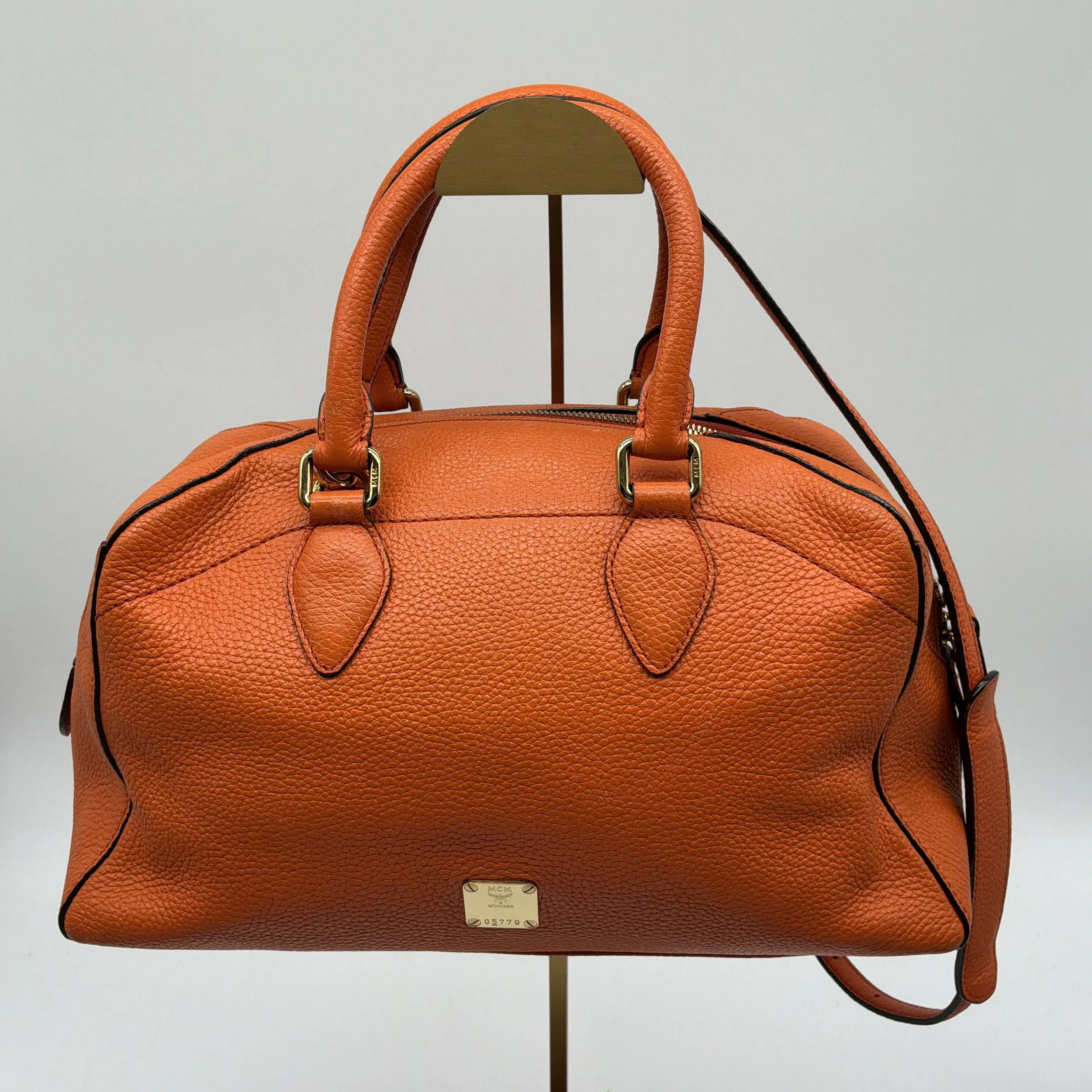 MCM Orange Pebbled Leather Weekender/Duffle Bag with Shoulder Strap