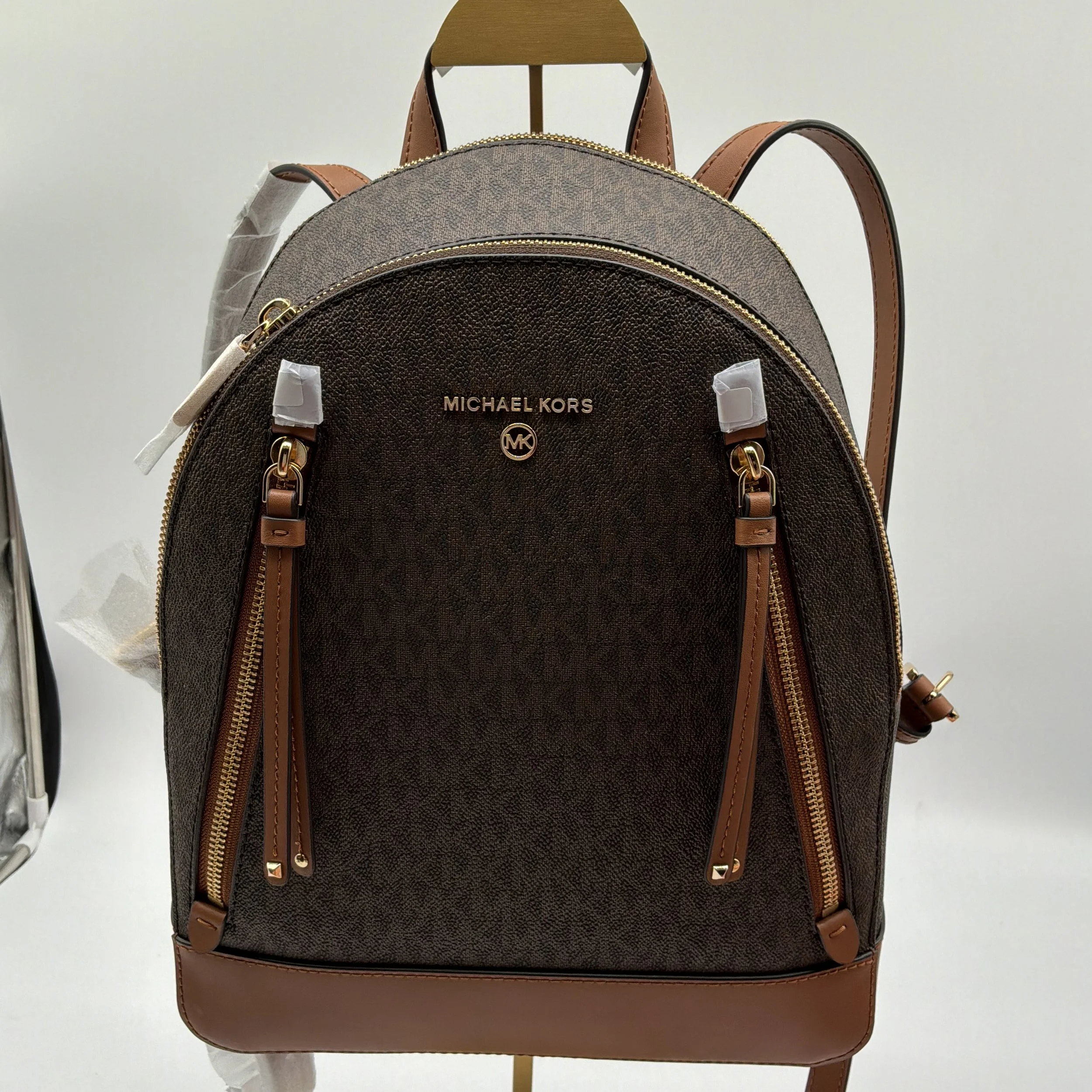Michael Kors Abbey Medium Logo Backpack Brown PVC Leather Trim Gold Hardware