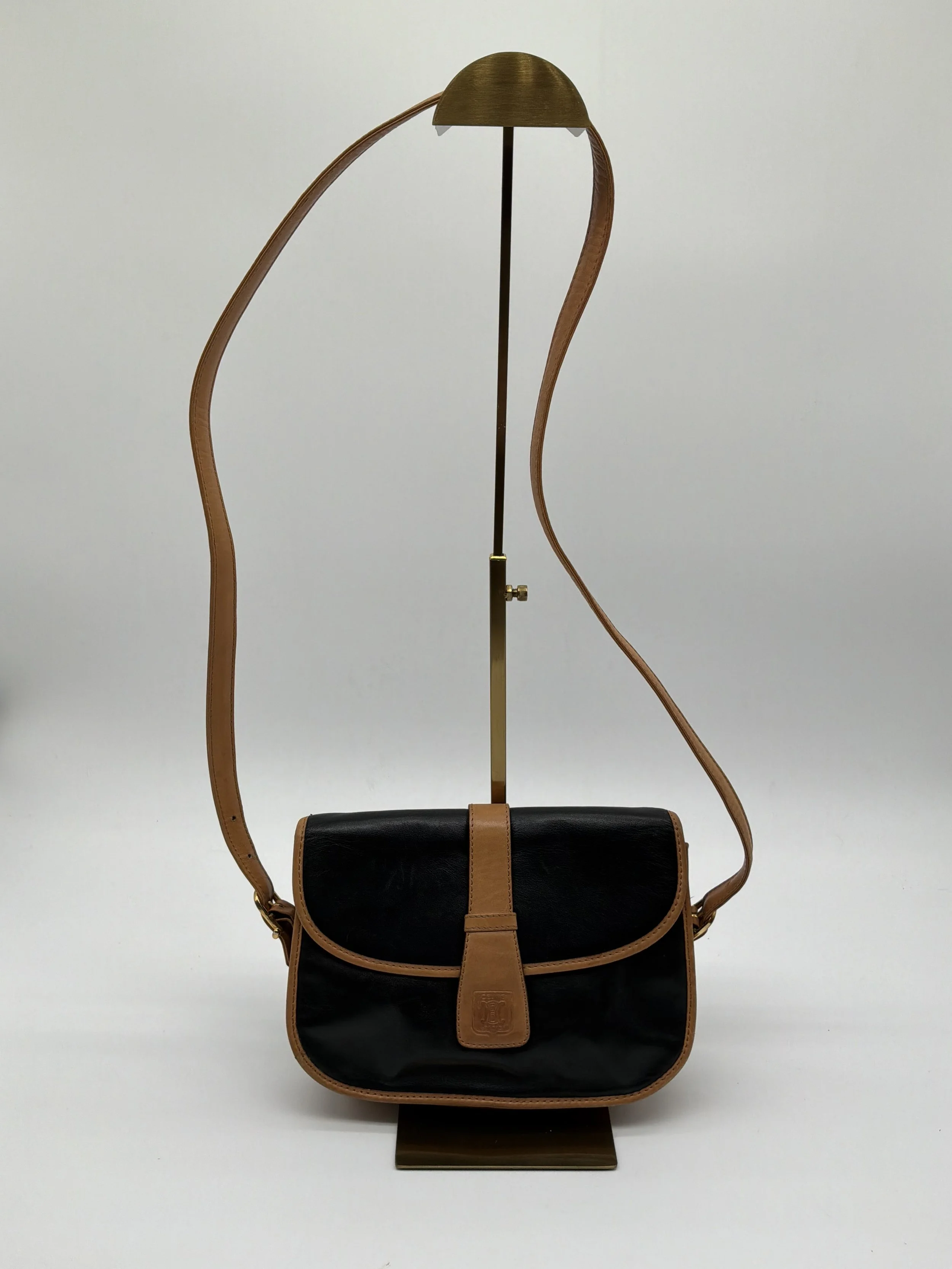 Vintage Celine Black Leather & Tan Trim Crossbody Shoulder Bag