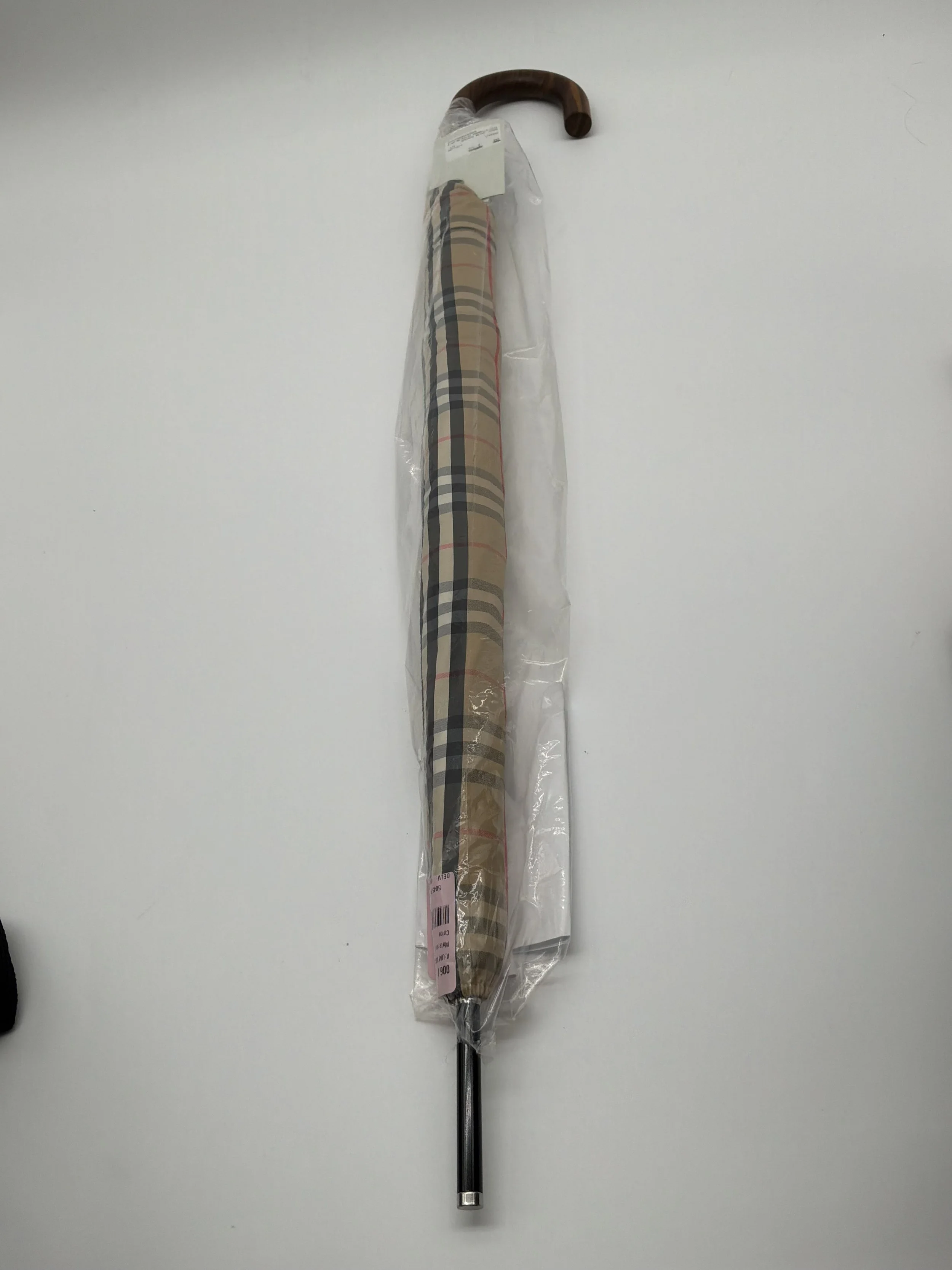 Burberry Vintage Check Walking Umbrella with Curved Wood Handle