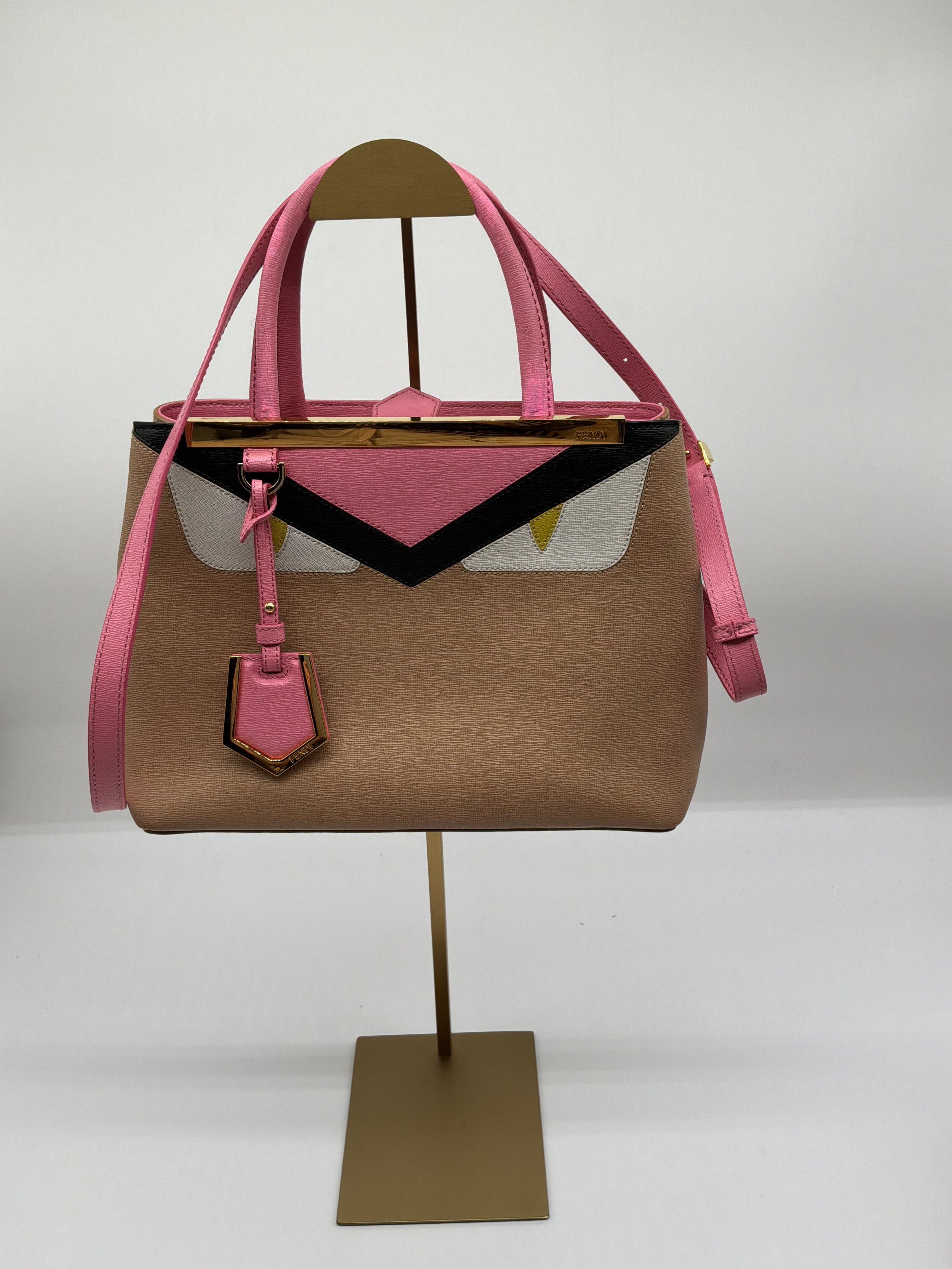 Fendi Petite 2Jours Monster Eyes Satchel Pink & Beige Leather Bag