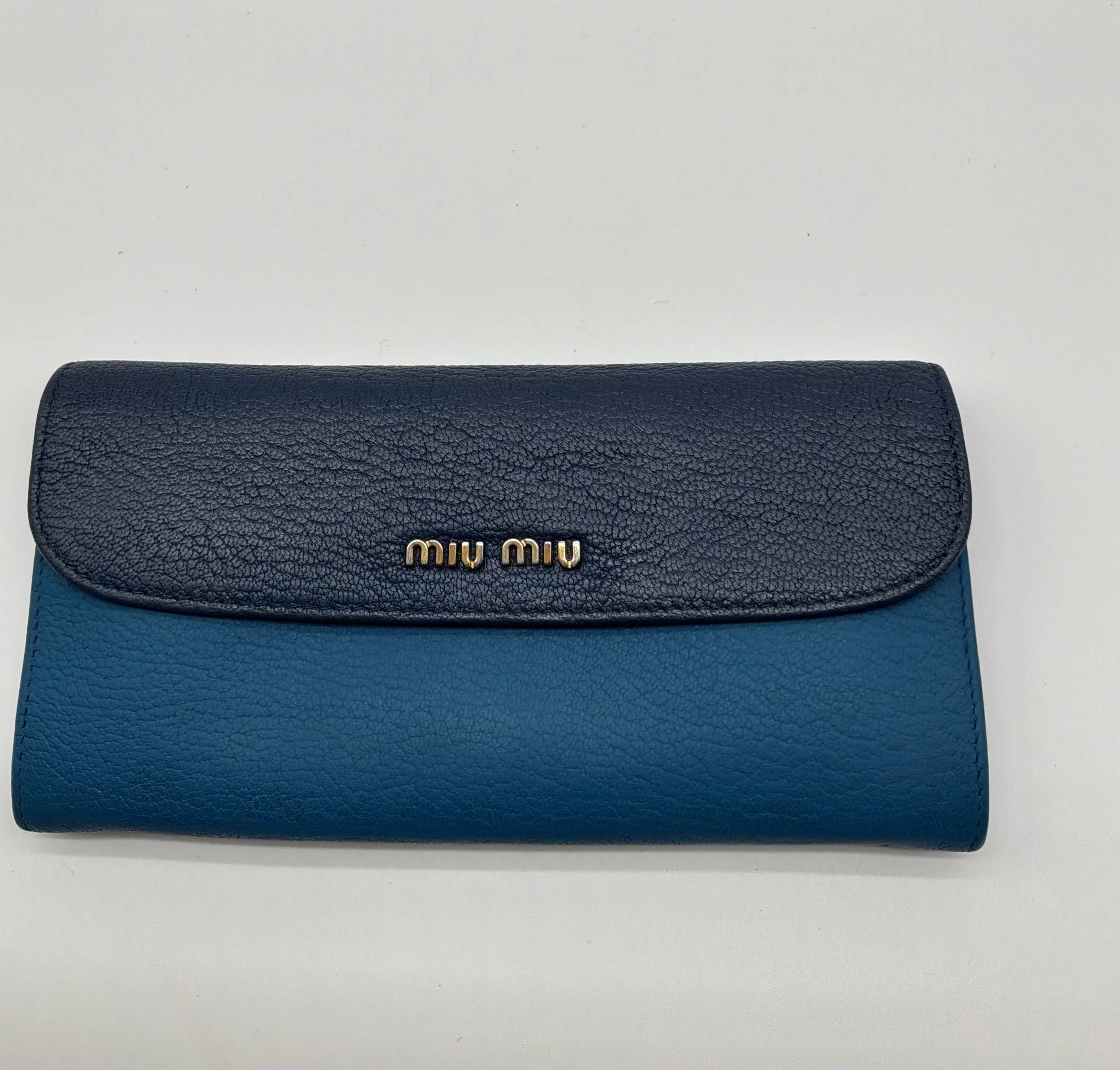 Miu Miu Two-Tone Leather Flap Wallet Blue Gold Logo