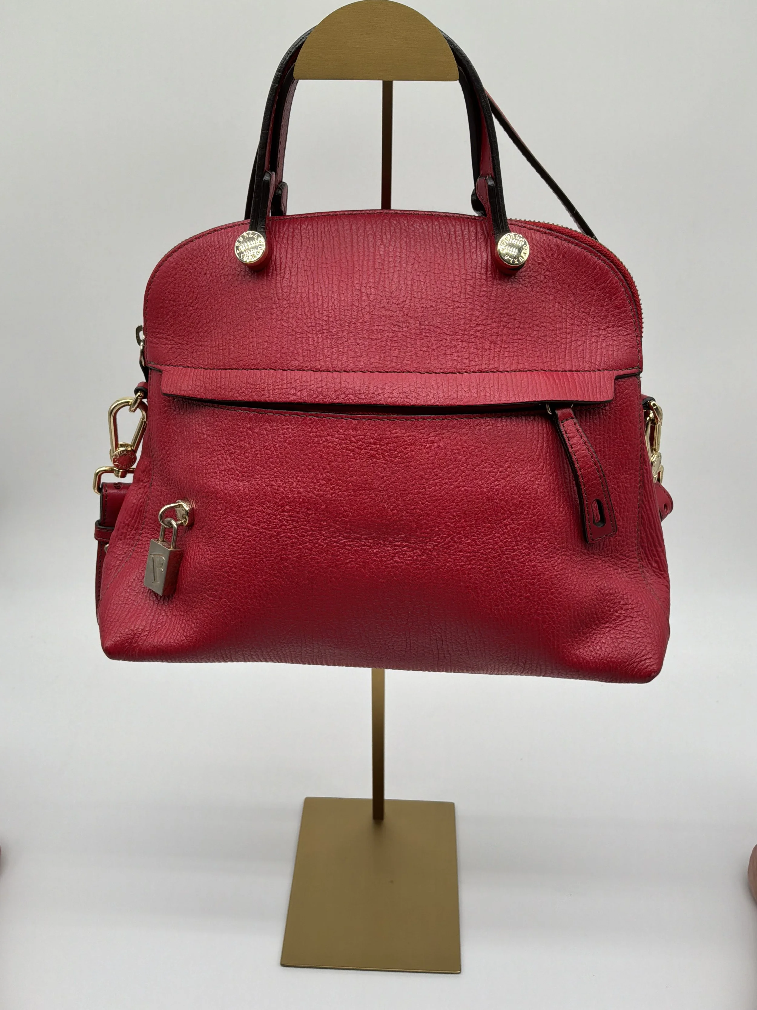 Furla Red Pebbled Leather Dome Satchel Crossbody Bag