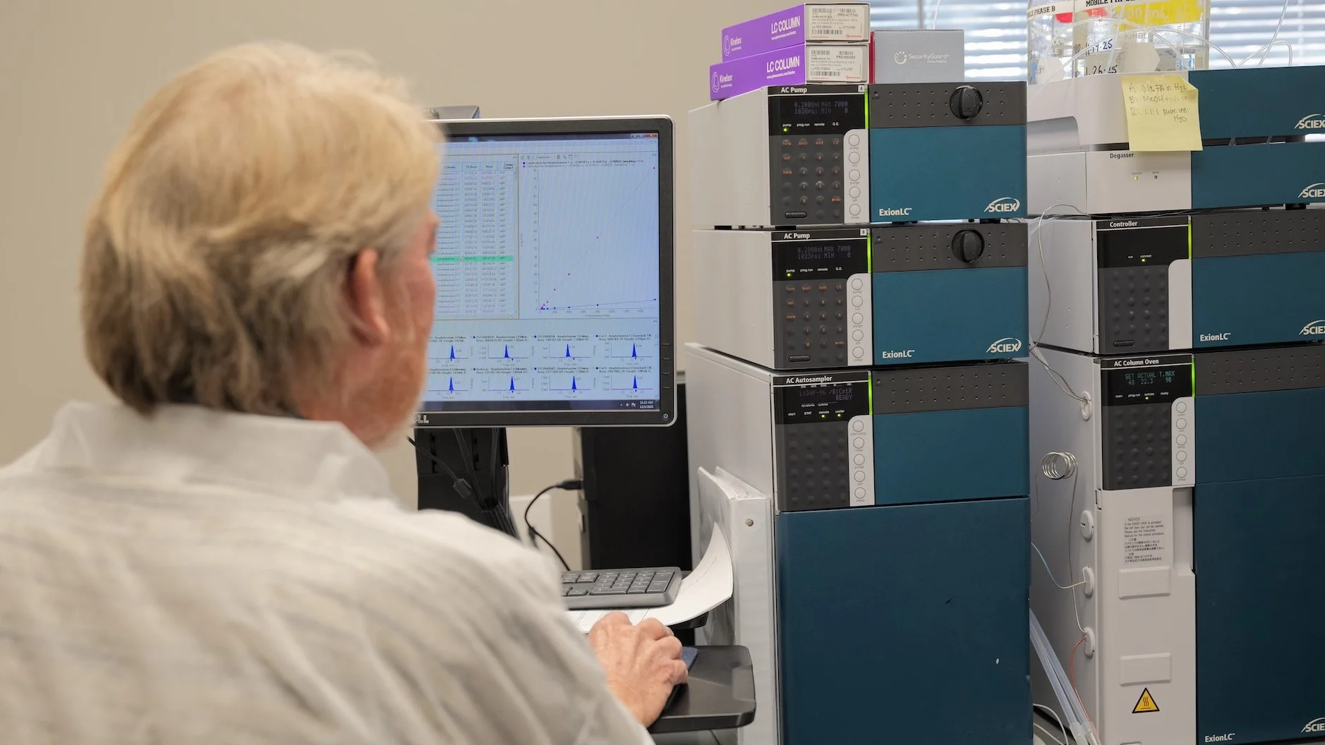 A scientist or technician working in a laboratory, analyzing data on a computer monitor. The person has light-colored hair and is wearing a white lab coat. Next to them are organized laboratory equipment and machines labeled 'ExionLC' and 'SCIEX'.