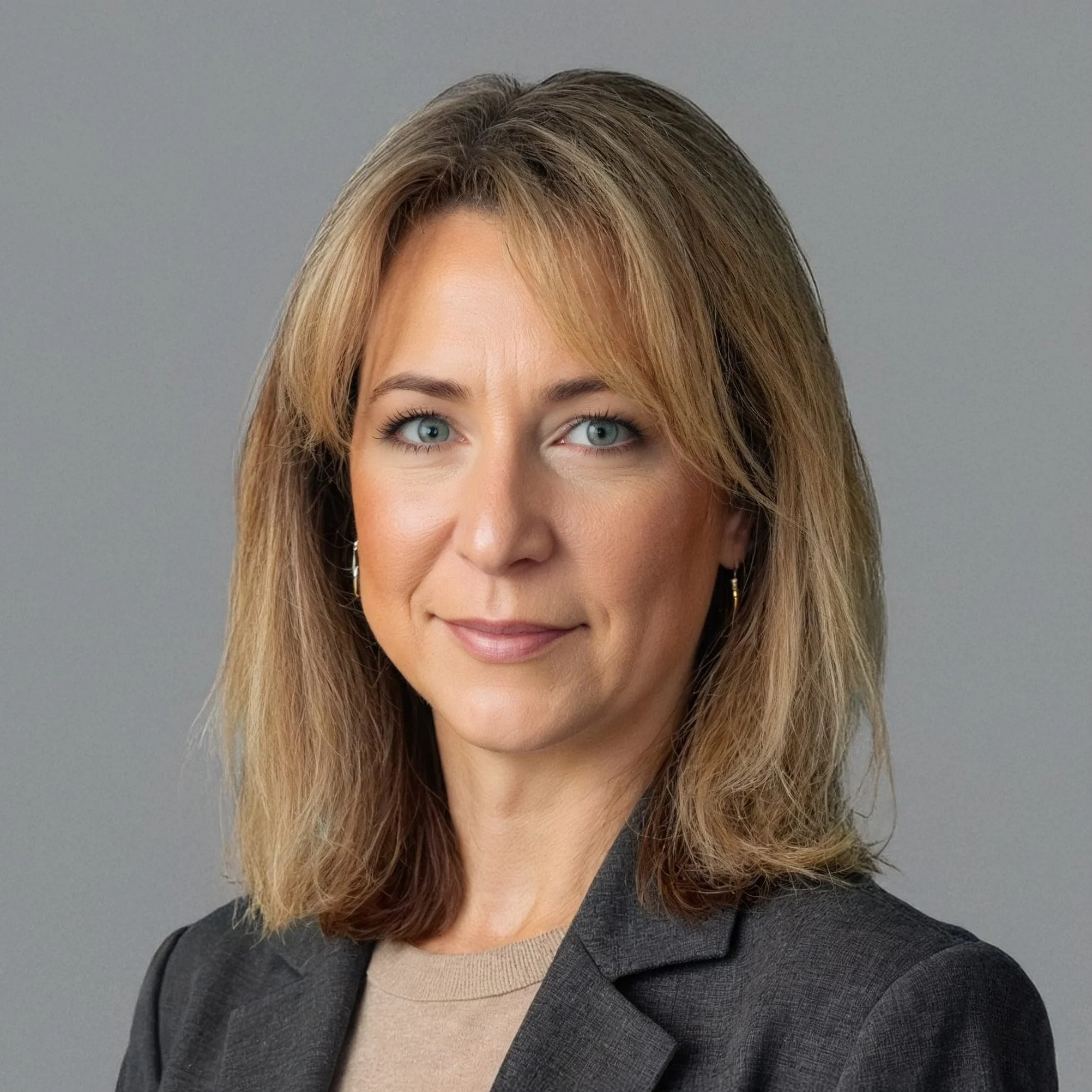 Professional woman with shoulder-length blonde hair and blue eyes, wearing a gray blazer and neutral top against a gray background.