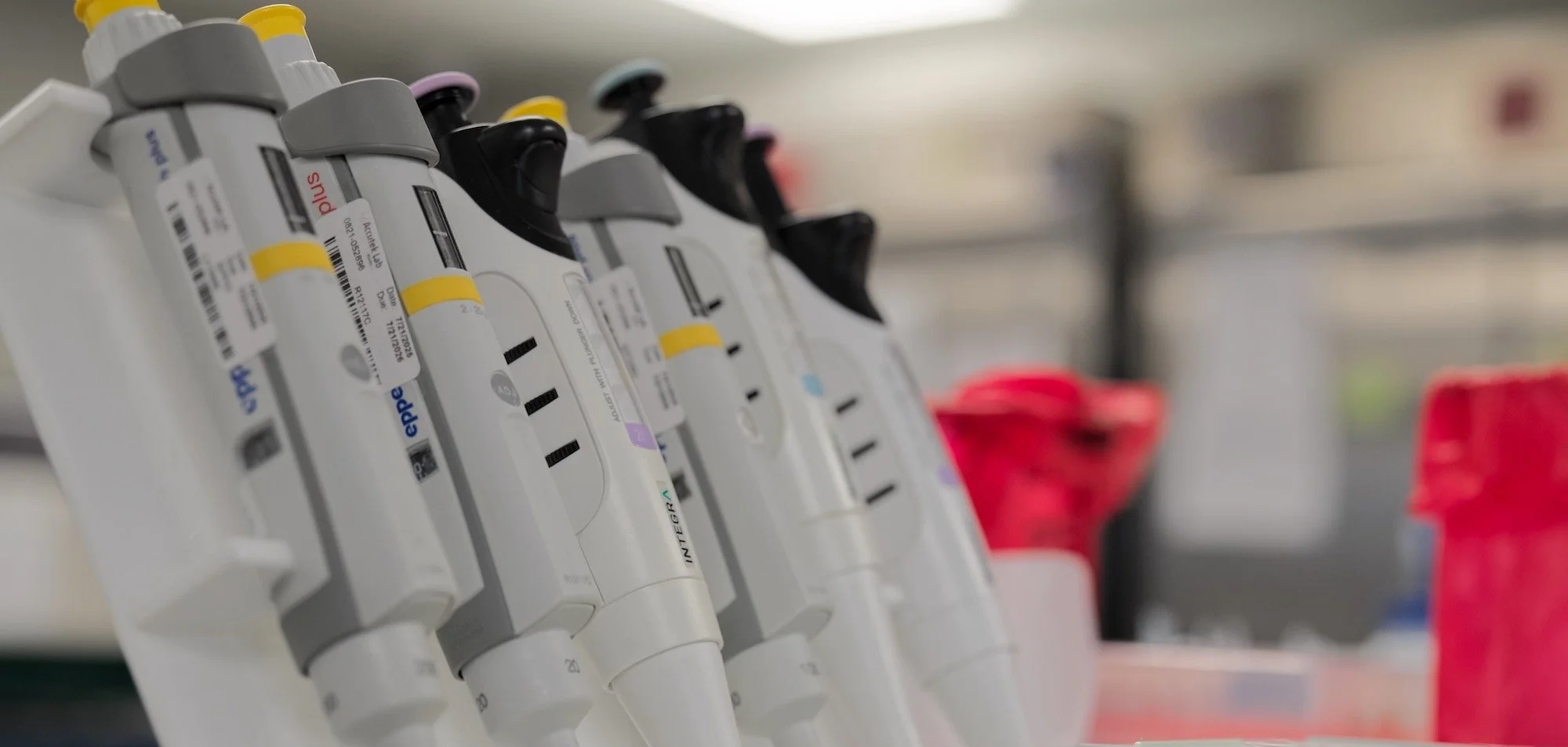 A row of medical syringes with colored caps, placed on a surface in a clinical setting with blurred background.