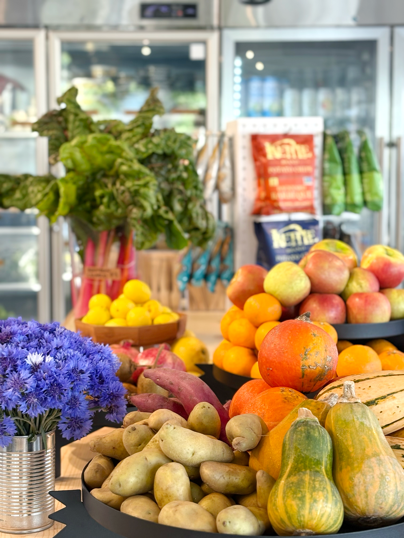 What our tables look like with produce and snacks