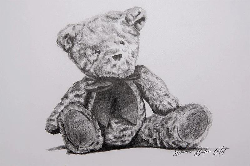 Cute fluffy sitting teddy drawn in graphite