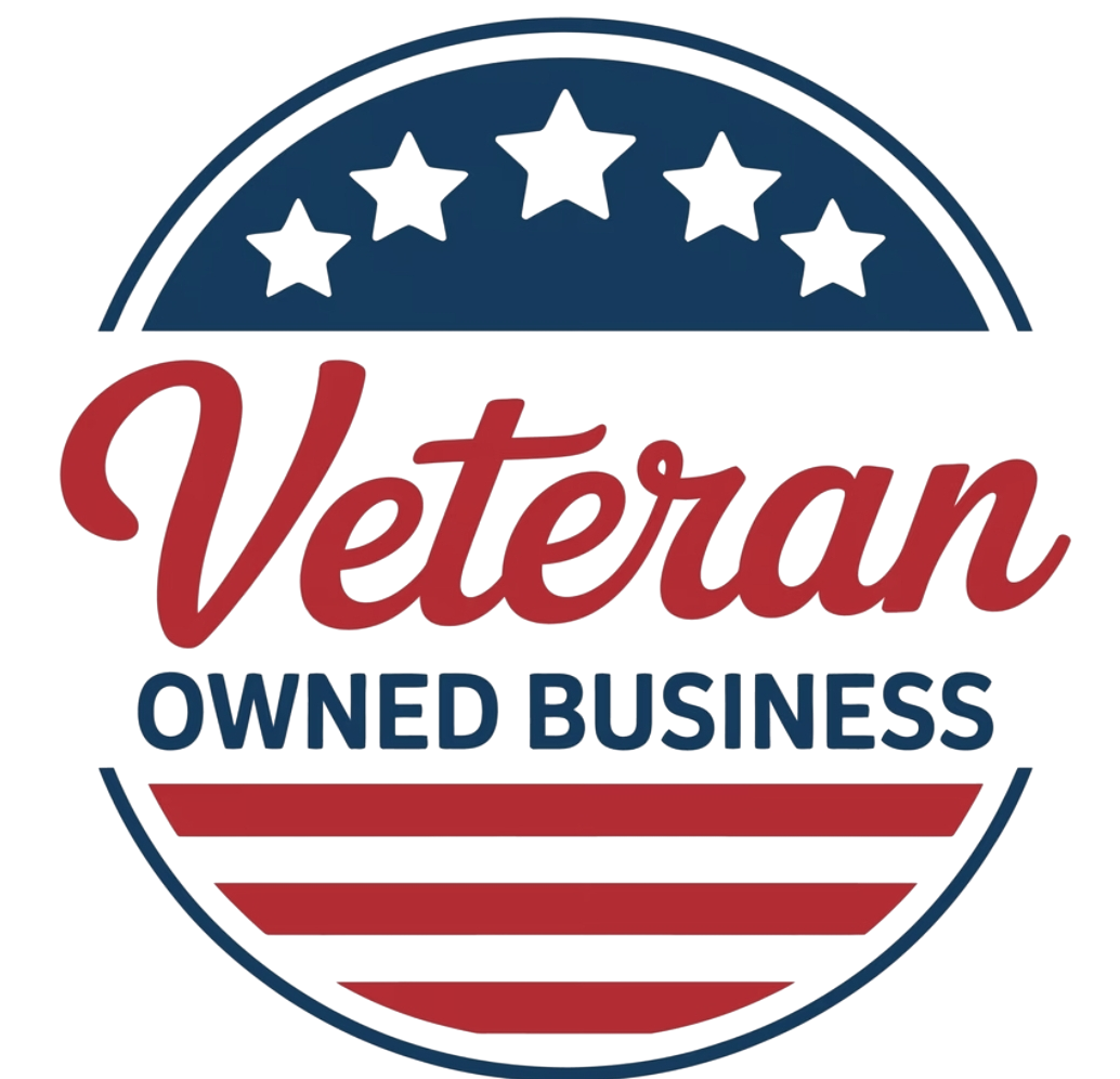 A badge with a blue circle containing five stars at the top, the word "Veteran" written in red cursive in the middle, and "Owned Business" in blue underneath, with horizontal red and blue stripes at the bottom.