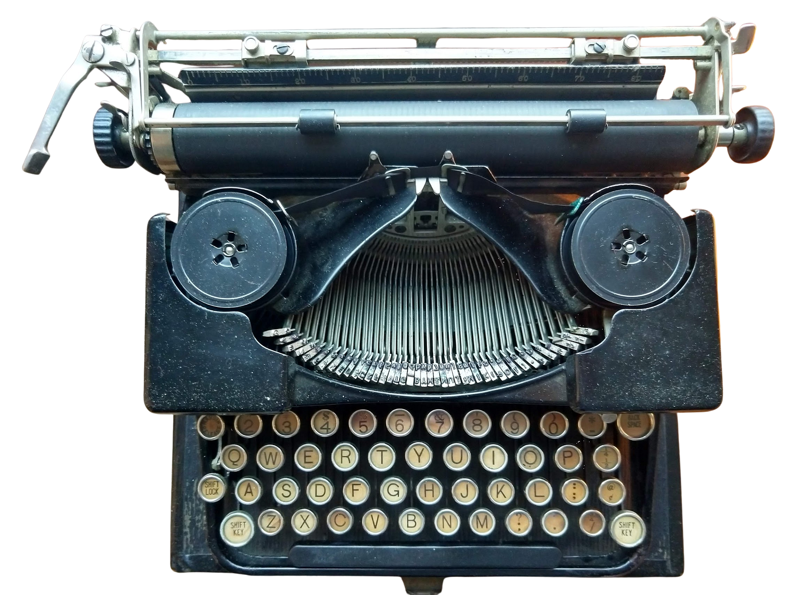 A vintage black typewriter with round keys and beige lettering.