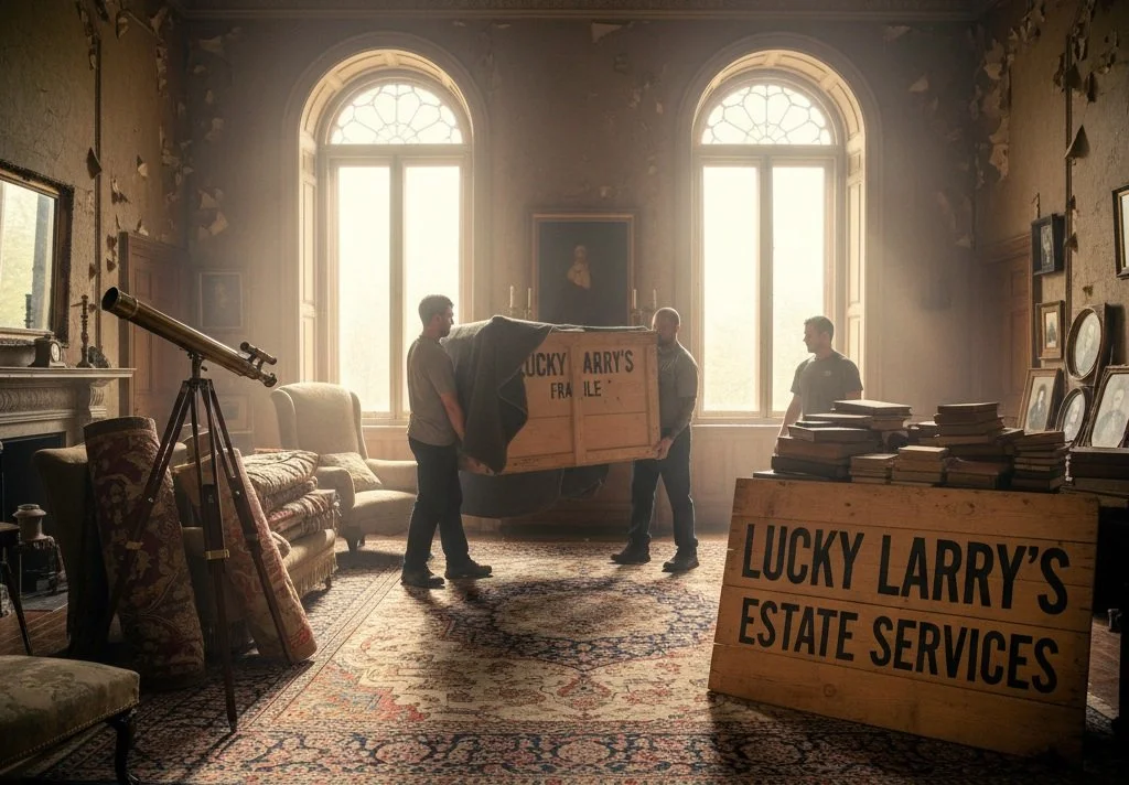 Three people moving a large wooden crate labeled "Lucky Larry's" into or out of an old, decorated room with vintage furniture, a fireplace, framed photographs, and a telescope, near large arched windows letting in sunlight.