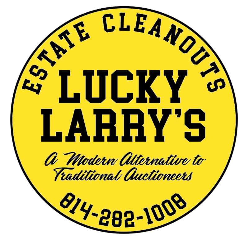 Yellow circular logo for Lucky Larry's, an alternative to traditional auctioneers, with contact number 814-282-1008.