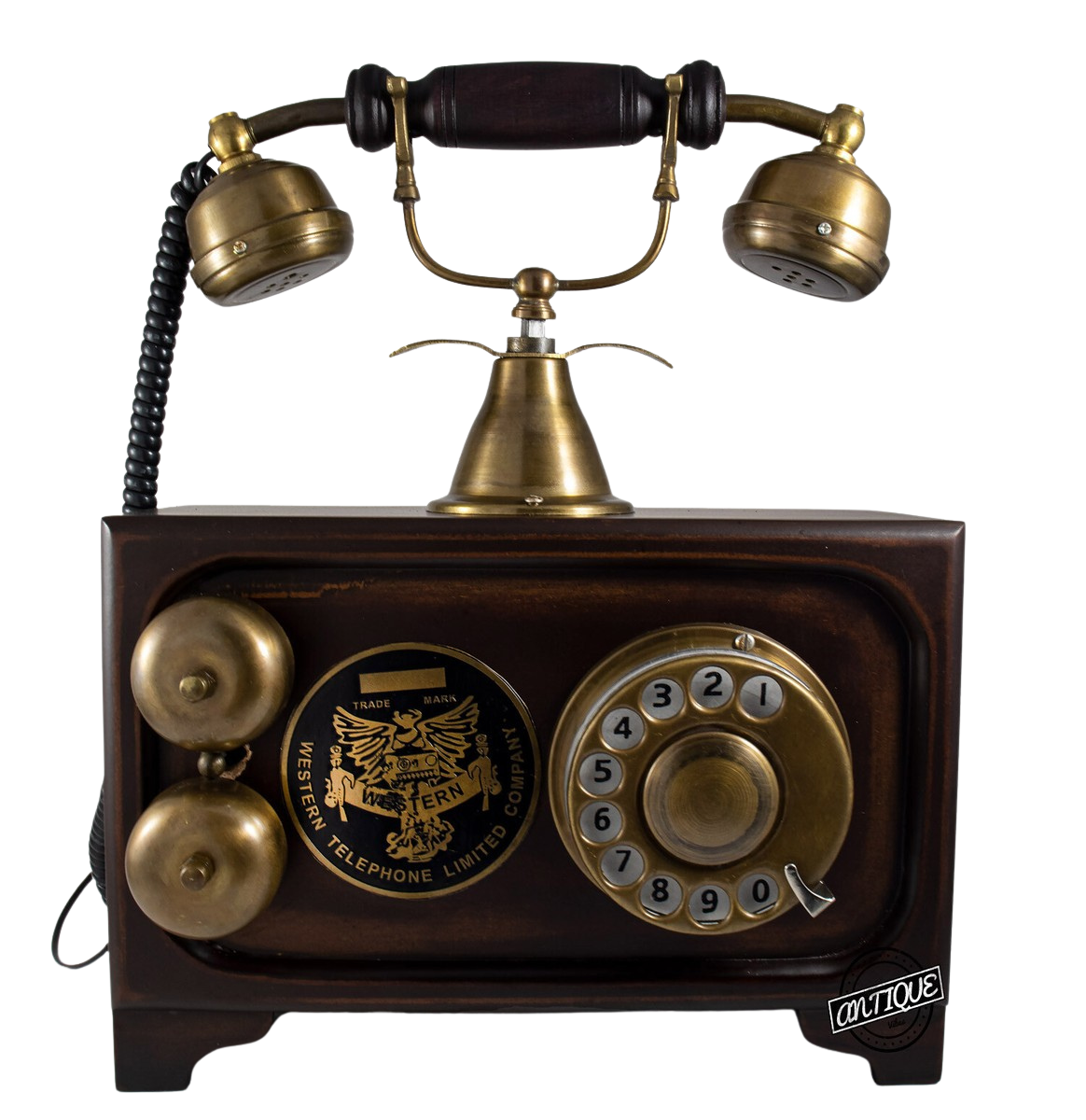 Vintage rotary telephone with wooden base, brass dial, and dual earpieces connected by a black cord.