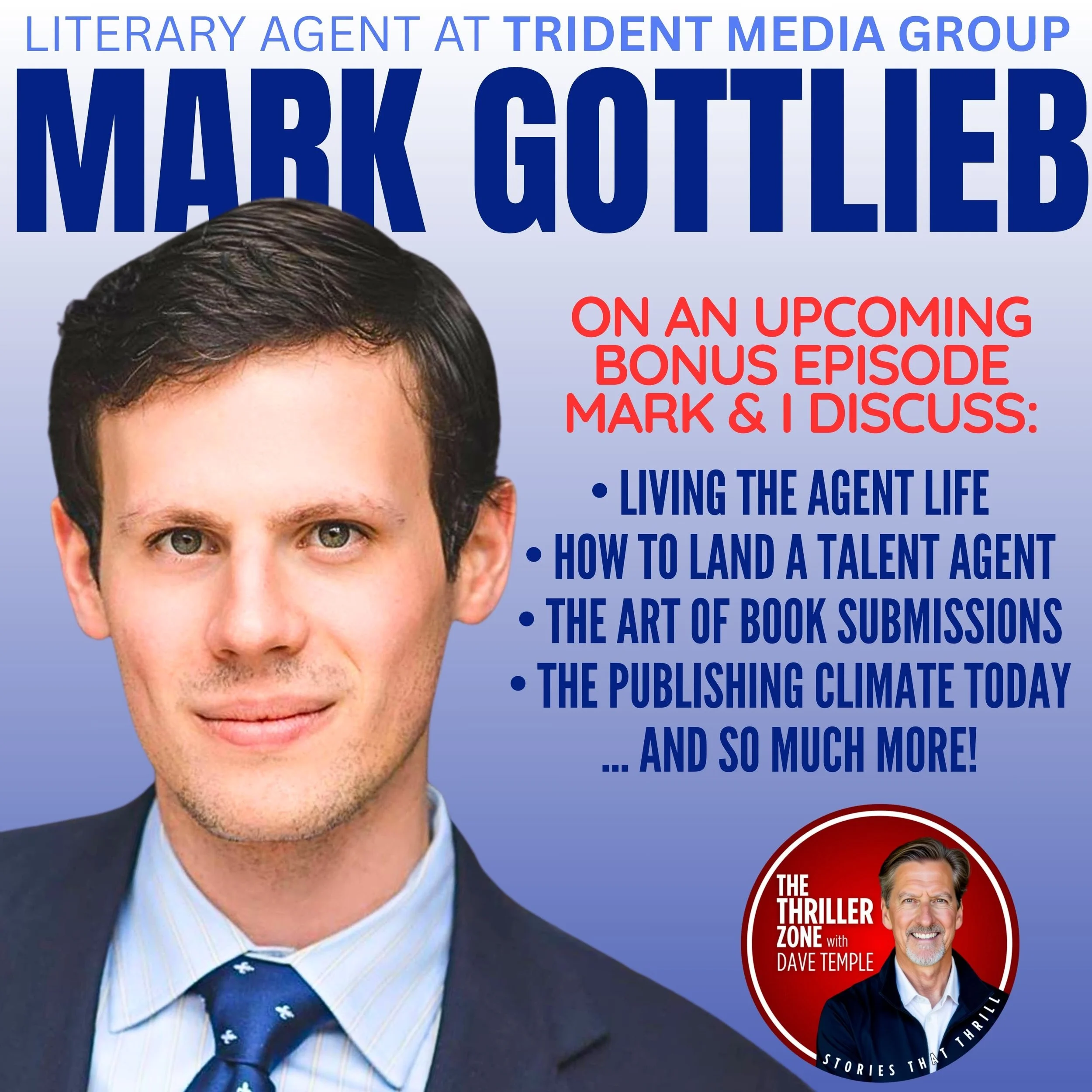 Promotional graphic featuring a headshot of Mark Gottlieb, announcing a podcast episode on Trident Media Group about talent agents and book publishing, with additional topics listed and a small circular image of host Dave Temple.