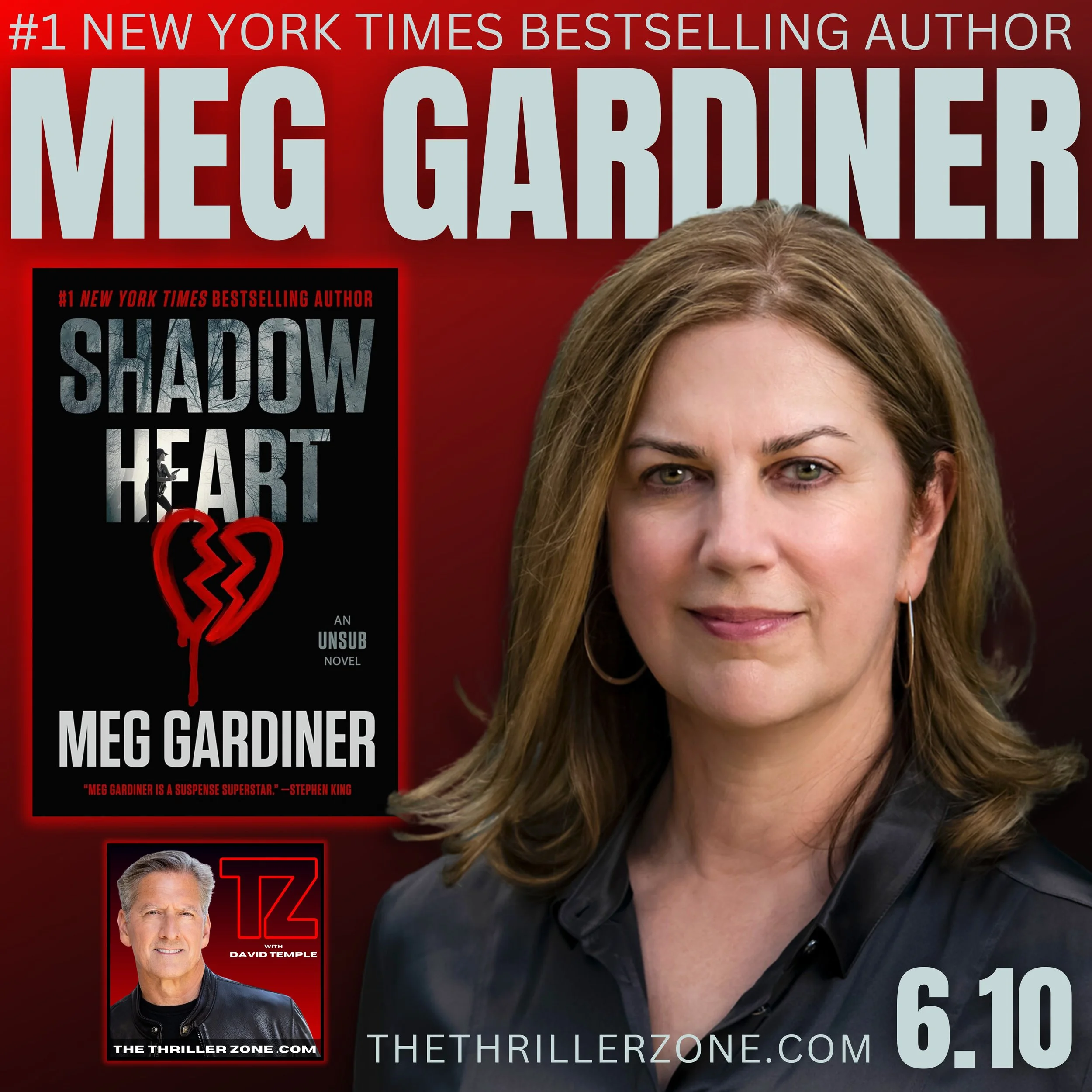 A promotional graphic featuring Meg Gardiner, a bestselling author, promoting her novel "Shadow Heart." The graphic includes her portrait, the book cover, her name in large text at the top, and the book's release date, June 10, along with her website URL.
