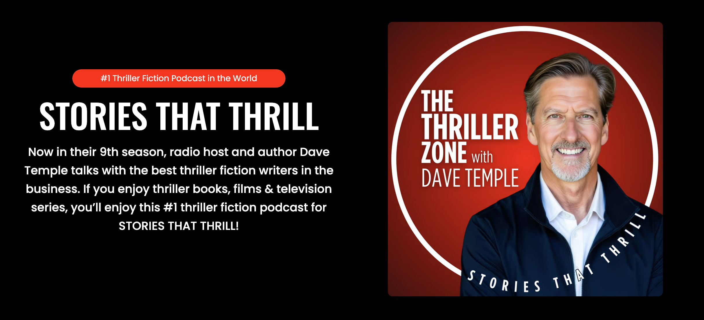 A promotional image for the podcast 'The Thriller Zone with Dave Temple.' It features a smiling man with gray hair and a beard, wearing a dark jacket over a white shirt, set against a red background with white text and a circular design element.