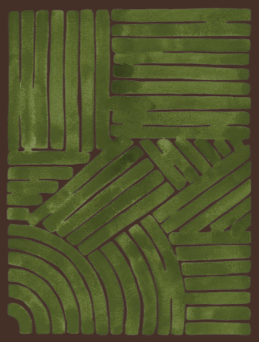 A green and brown rug with a geometric pattern of straight and curved lines.